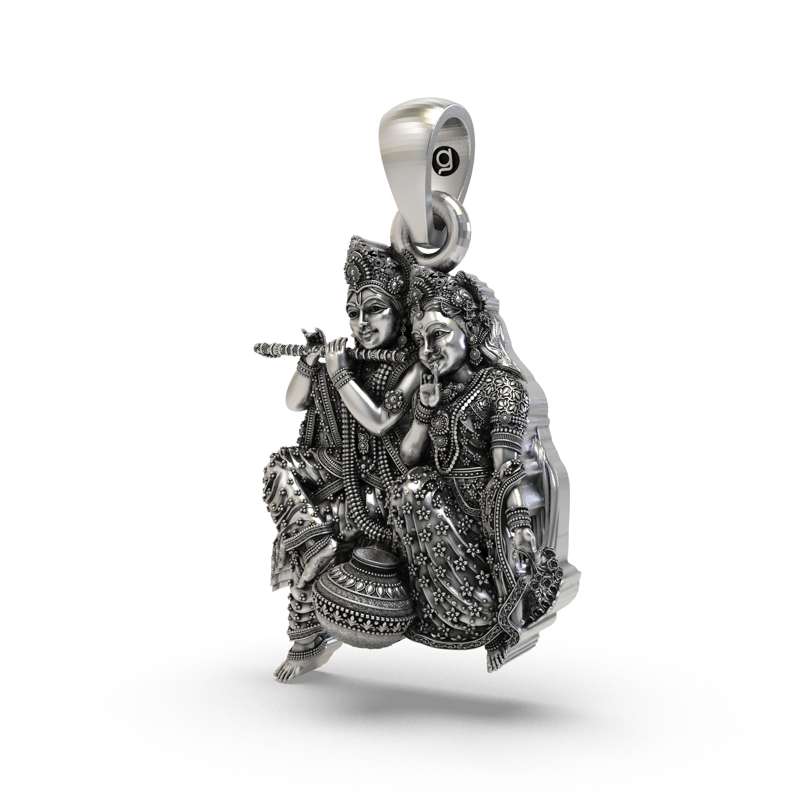 925 Sterling Silver Radha Krishna Matki Sitting Pendant – Flute-Playing Vrindavan Couple Idol Necklace, Handcrafted Devotional Hindu Jewelry Gift for Men & Women