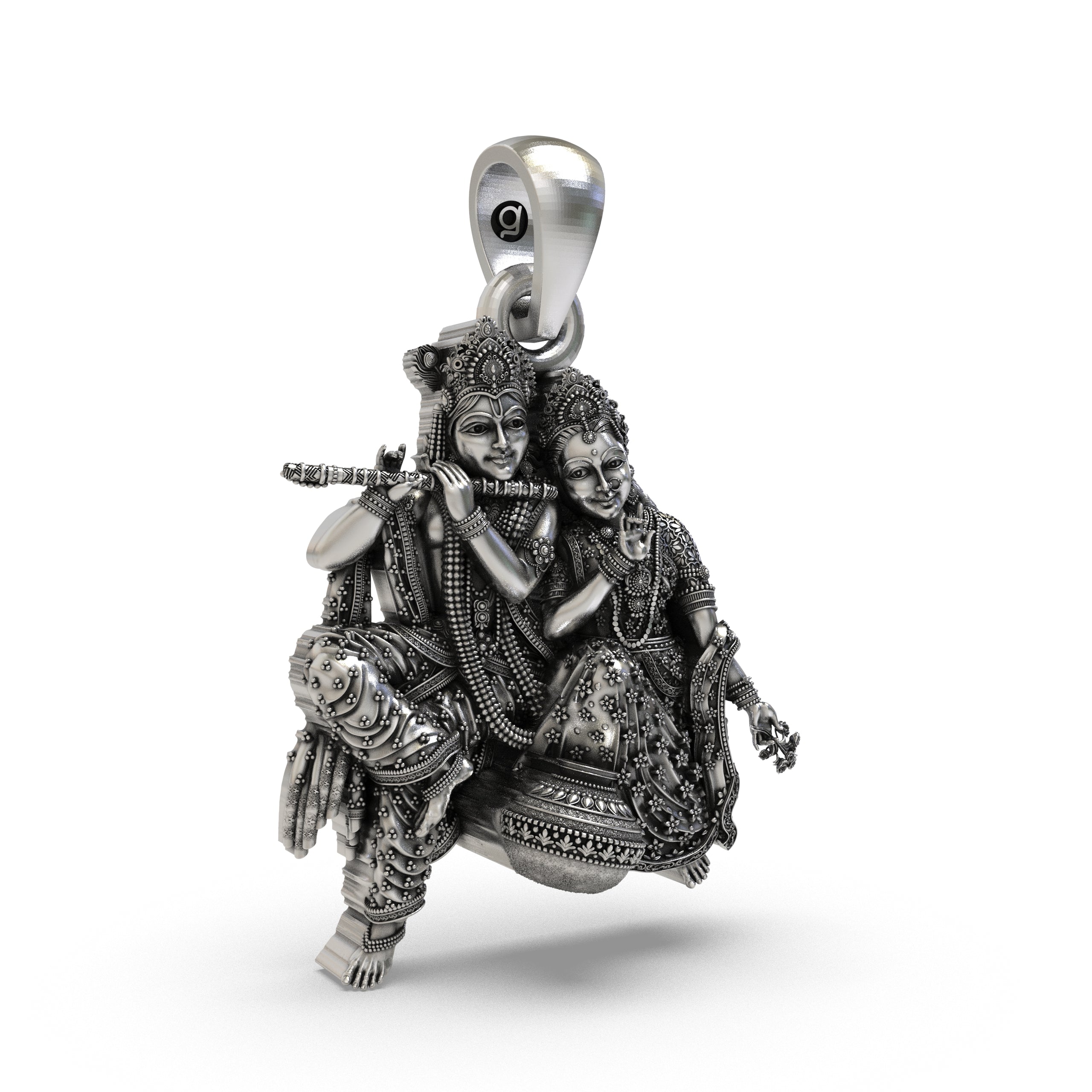 925 Sterling Silver Radha Krishna Matki Sitting Pendant – Flute-Playing Vrindavan Couple Idol Necklace, Handcrafted Devotional Hindu Jewelry Gift for Men & Women