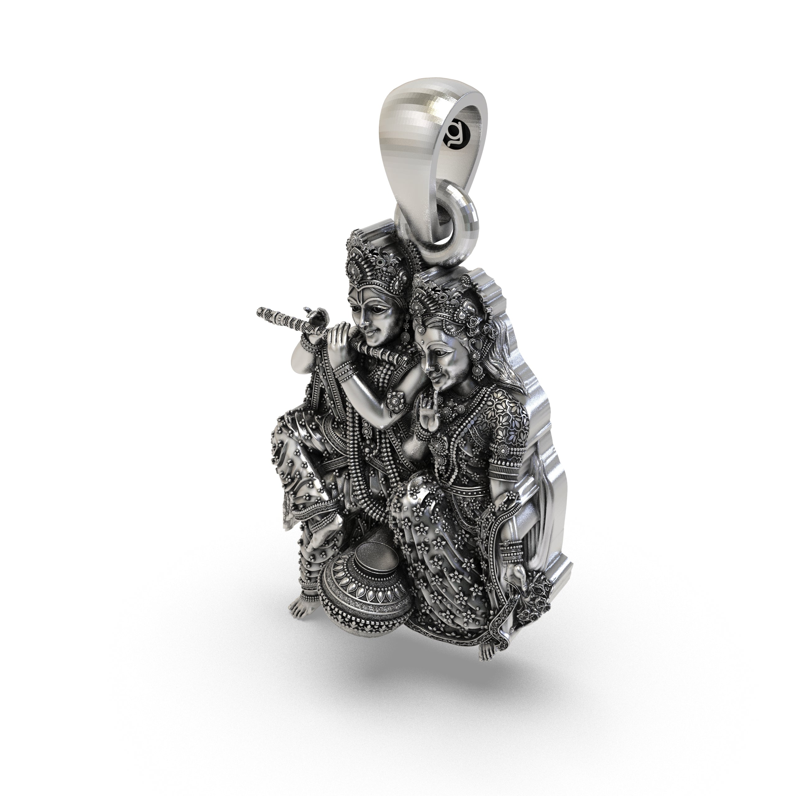 925 Sterling Silver Radha Krishna Matki Sitting Pendant – Flute-Playing Vrindavan Couple Idol Necklace, Handcrafted Devotional Hindu Jewelry Gift for Men & Women