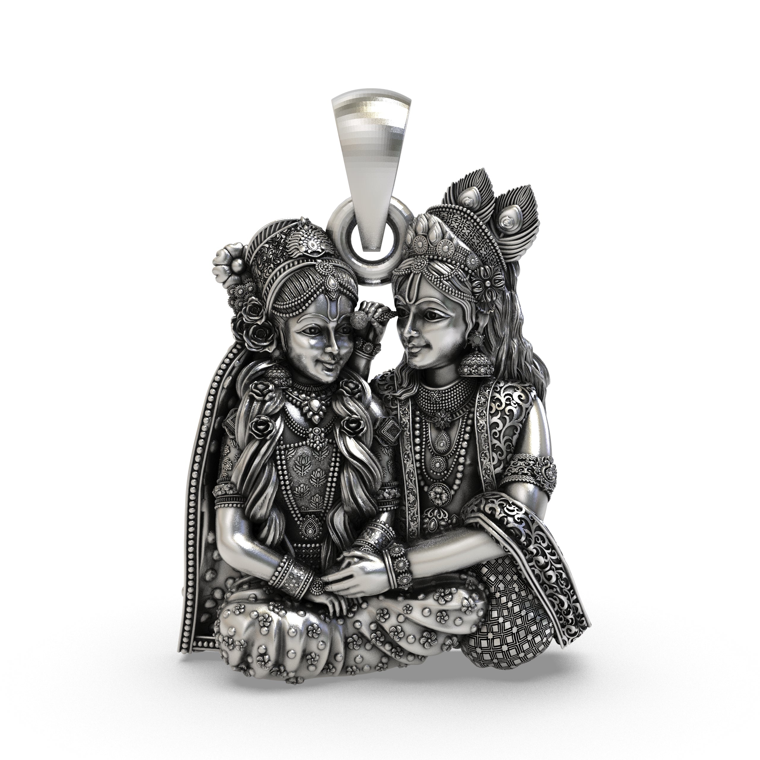 925 Sterling Silver Radha Krishna Seated Love Pendant – Handcrafted Vrindavan Idol Necklace, Devotional Hindu Jewelry Gift for Men & Women