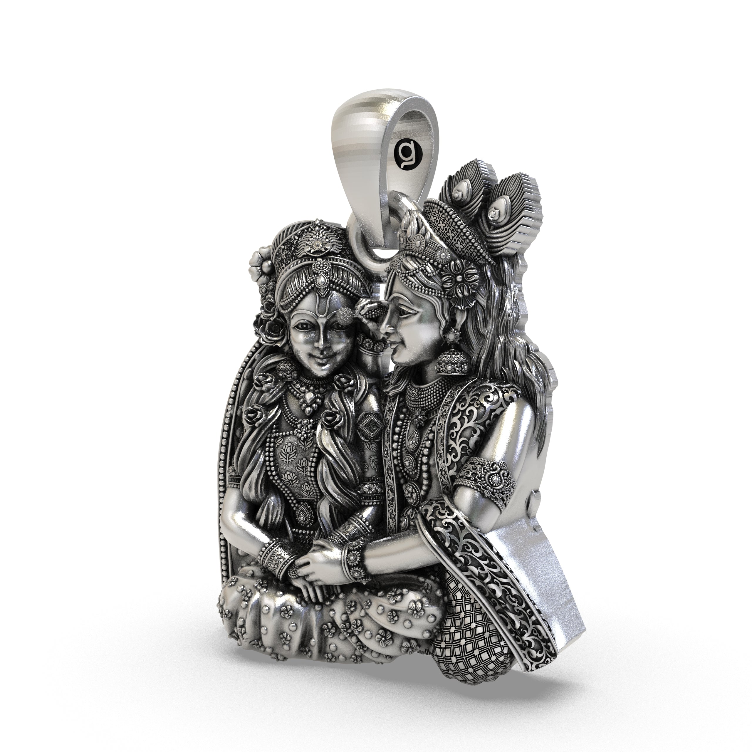 925 Sterling Silver Radha Krishna Seated Love Pendant – Handcrafted Vrindavan Idol Necklace, Devotional Hindu Jewelry Gift for Men & Women