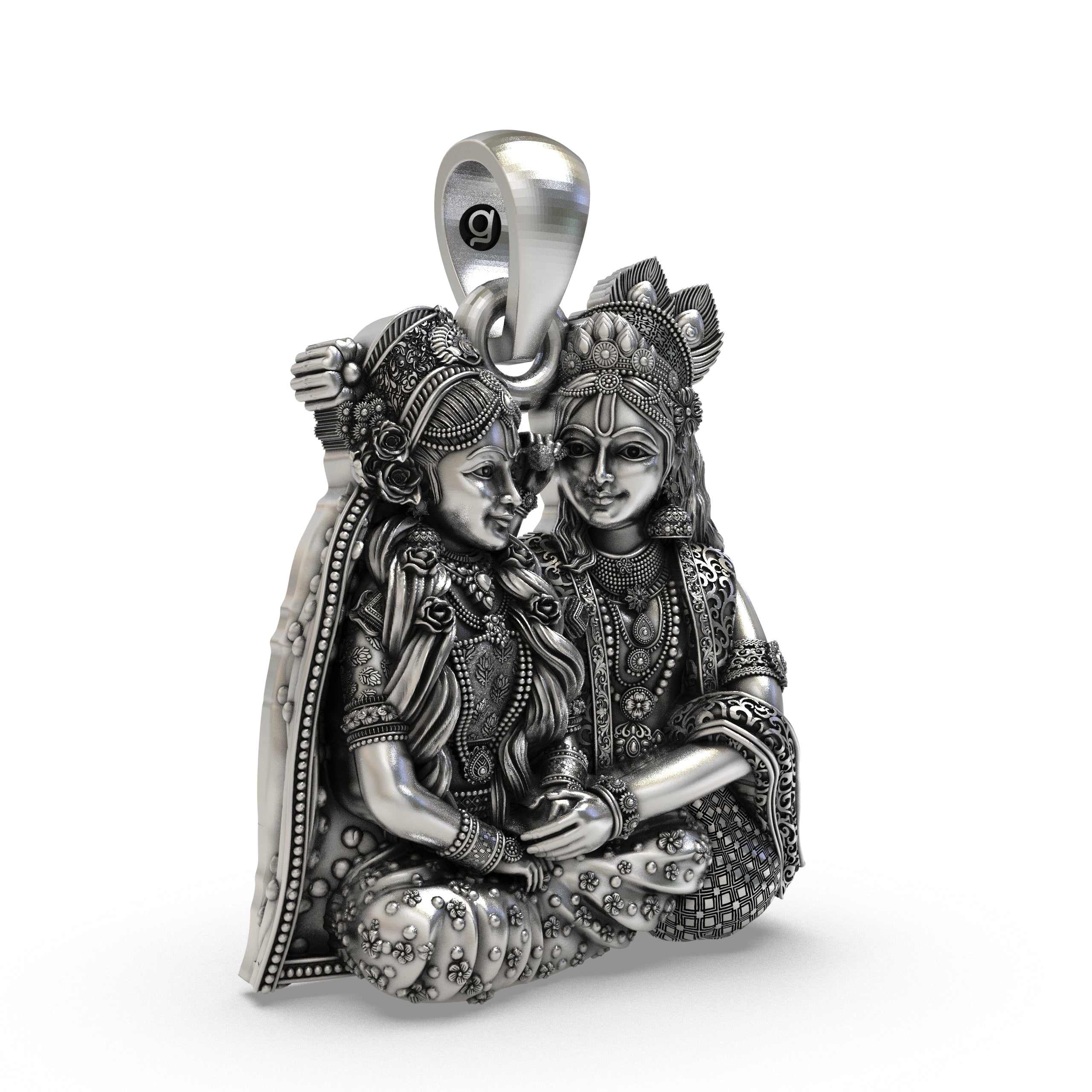 925 Sterling Silver Radha Krishna Seated Love Pendant – Handcrafted Vrindavan Idol Necklace, Devotional Hindu Jewelry Gift for Men & Women