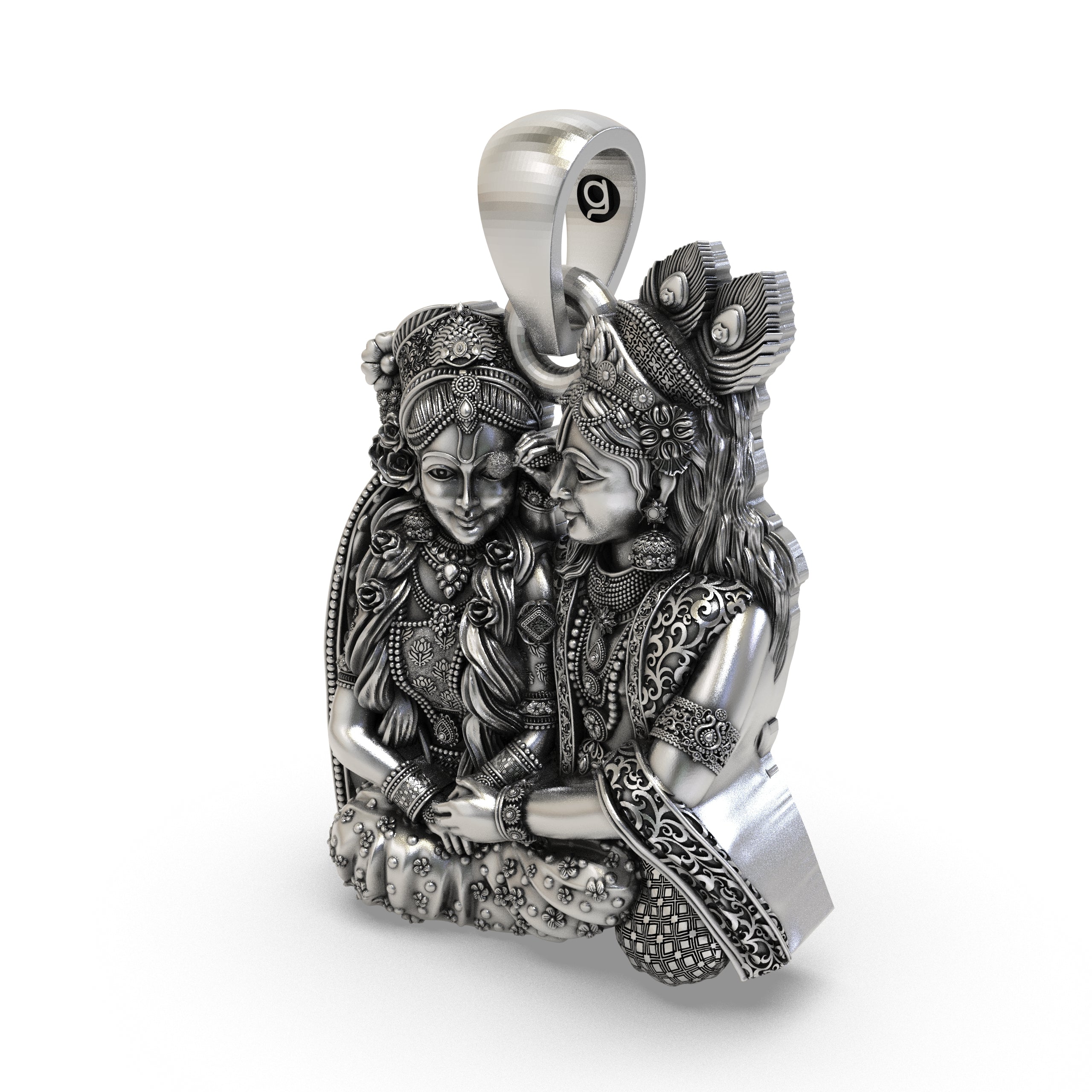 925 Sterling Silver Radha Krishna Seated Love Pendant – Handcrafted Vrindavan Idol Necklace, Devotional Hindu Jewelry Gift for Men & Women