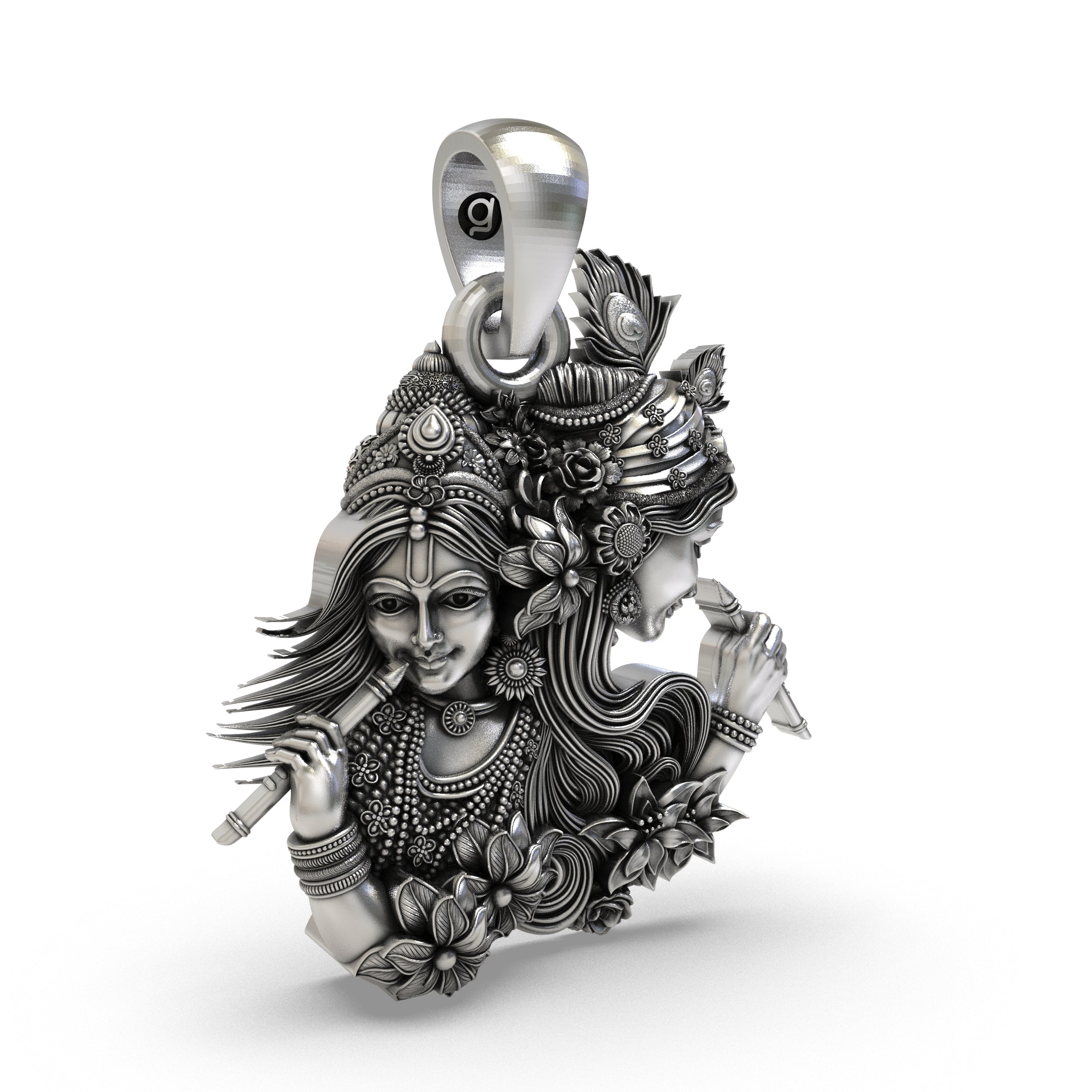 925 Sterling Silver Radha Krishna Dual-Profile Flute Pendant – Vrindavan Floral & Peacock Feather Idol Necklace, Handcrafted Devotional Gift