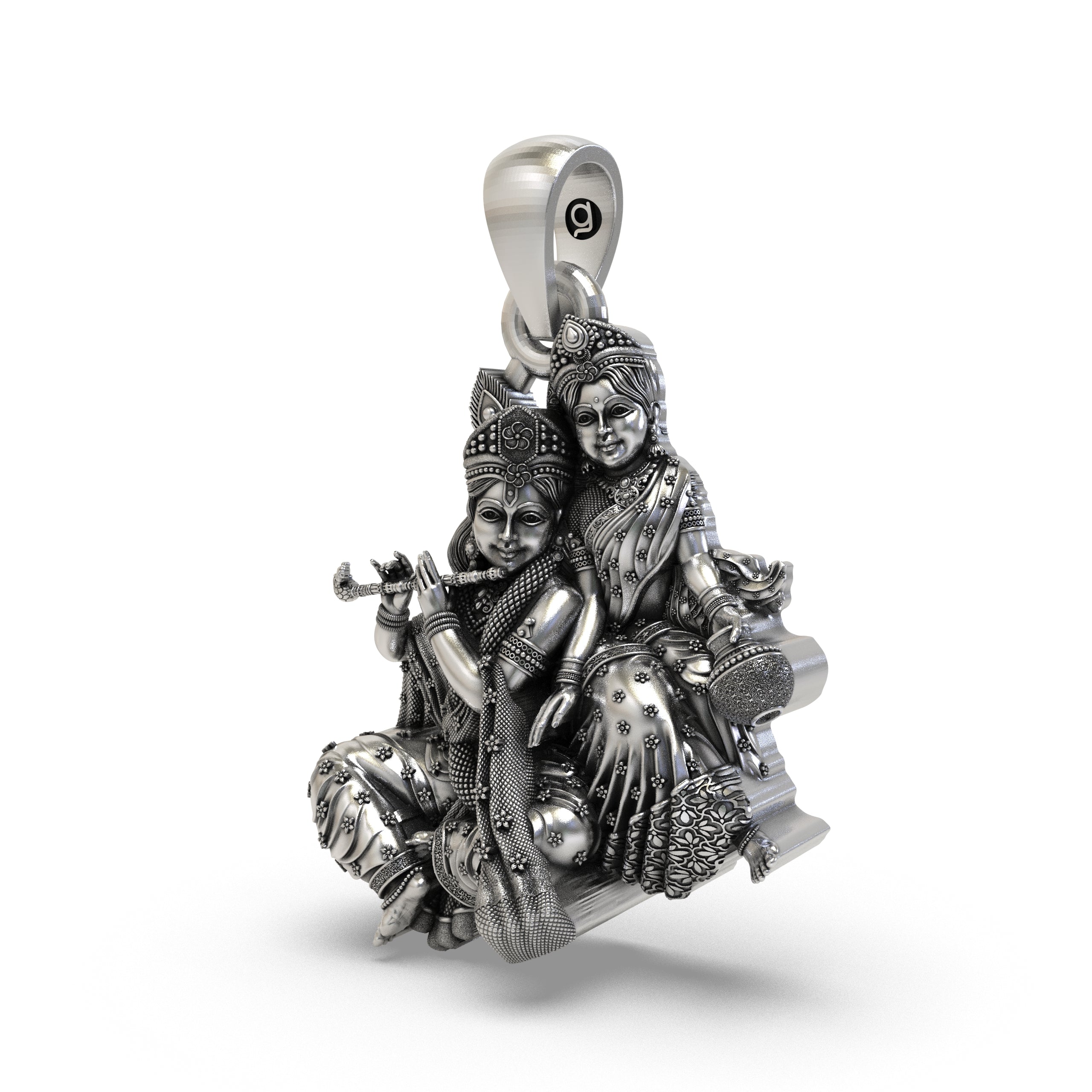 925 Sterling Silver Radha Krishna Makhan Matki Sitting Pendant – Flute-Playing Vrindavan Idol Necklace, Handcrafted Devotional Hindu Gift