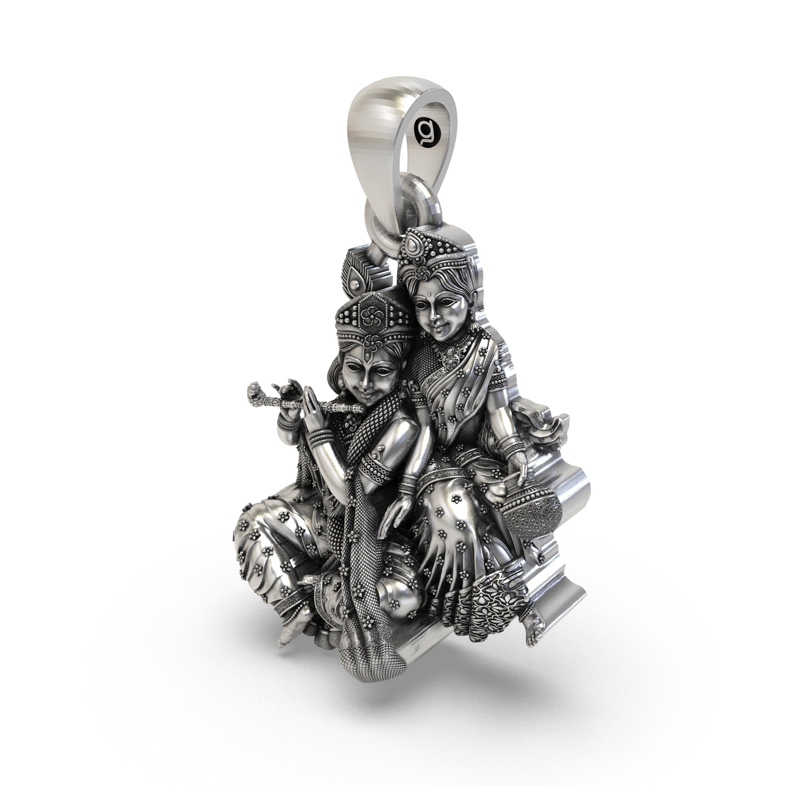 925 Sterling Silver Radha Krishna Makhan Matki Sitting Pendant – Flute-Playing Vrindavan Idol Necklace, Handcrafted Devotional Hindu Gift