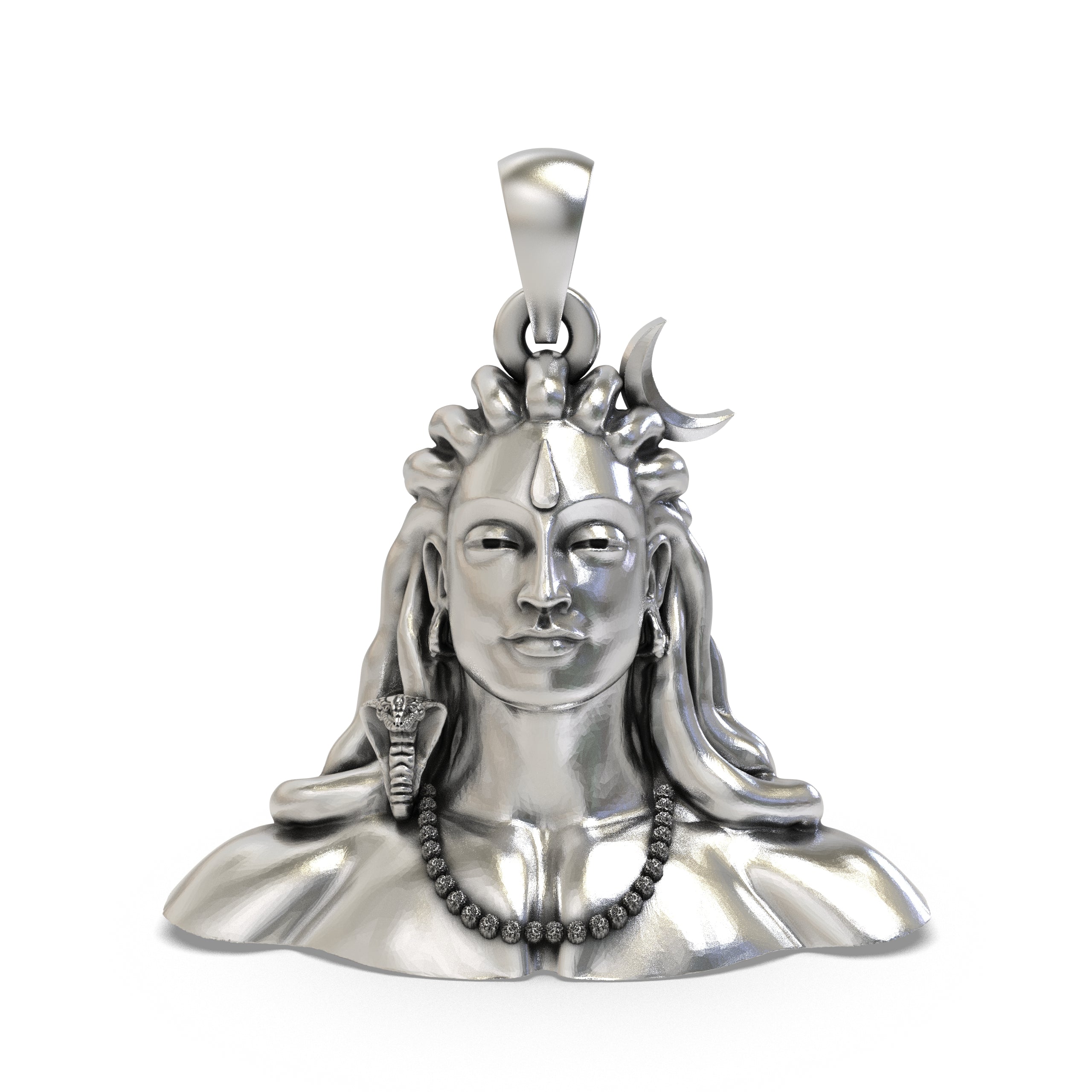 925 Sterling Silver Adiyogi Shiva Bust Pendant – Crescent Moon & Snake, Rudraksha Mala Idol Necklace, Handcrafted Hindu Devotional Gift