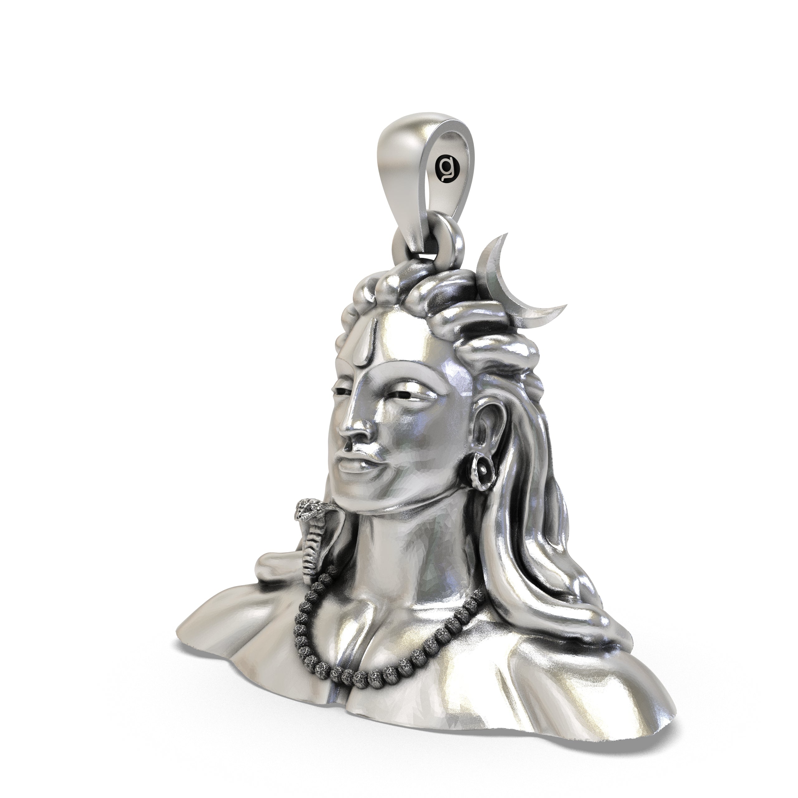 925 Sterling Silver Adiyogi Shiva Bust Pendant – Crescent Moon & Snake, Rudraksha Mala Idol Necklace, Handcrafted Hindu Devotional Gift