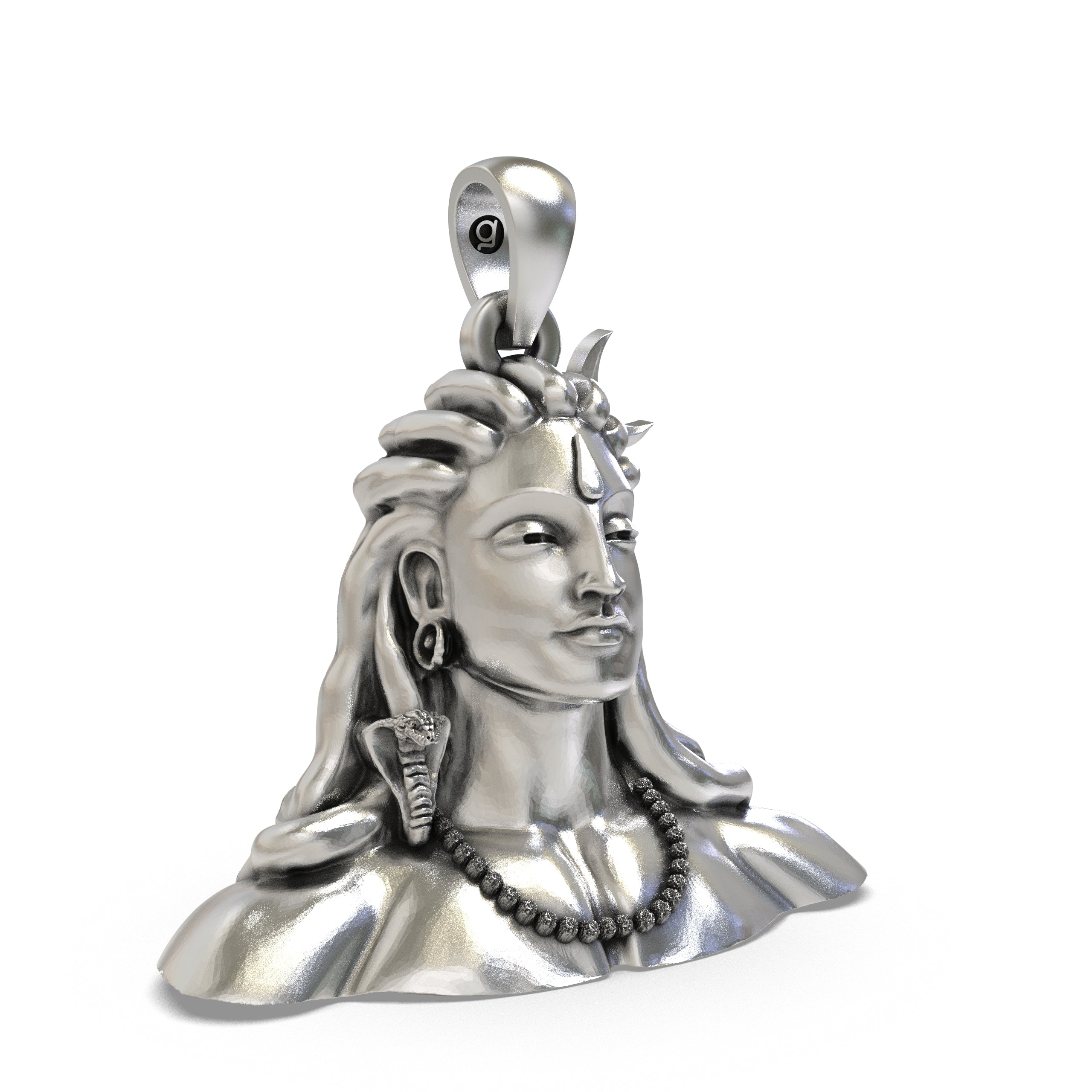 925 Sterling Silver Adiyogi Shiva Bust Pendant – Crescent Moon & Snake, Rudraksha Mala Idol Necklace, Handcrafted Hindu Devotional Gift