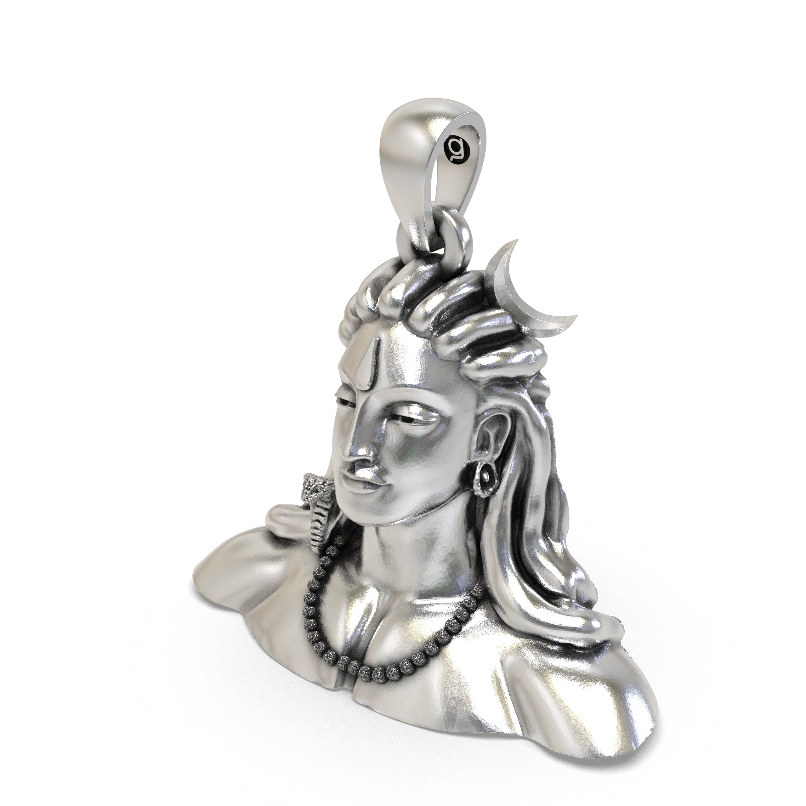 925 Sterling Silver Adiyogi Shiva Bust Pendant – Crescent Moon & Snake, Rudraksha Mala Idol Necklace, Handcrafted Hindu Devotional Gift