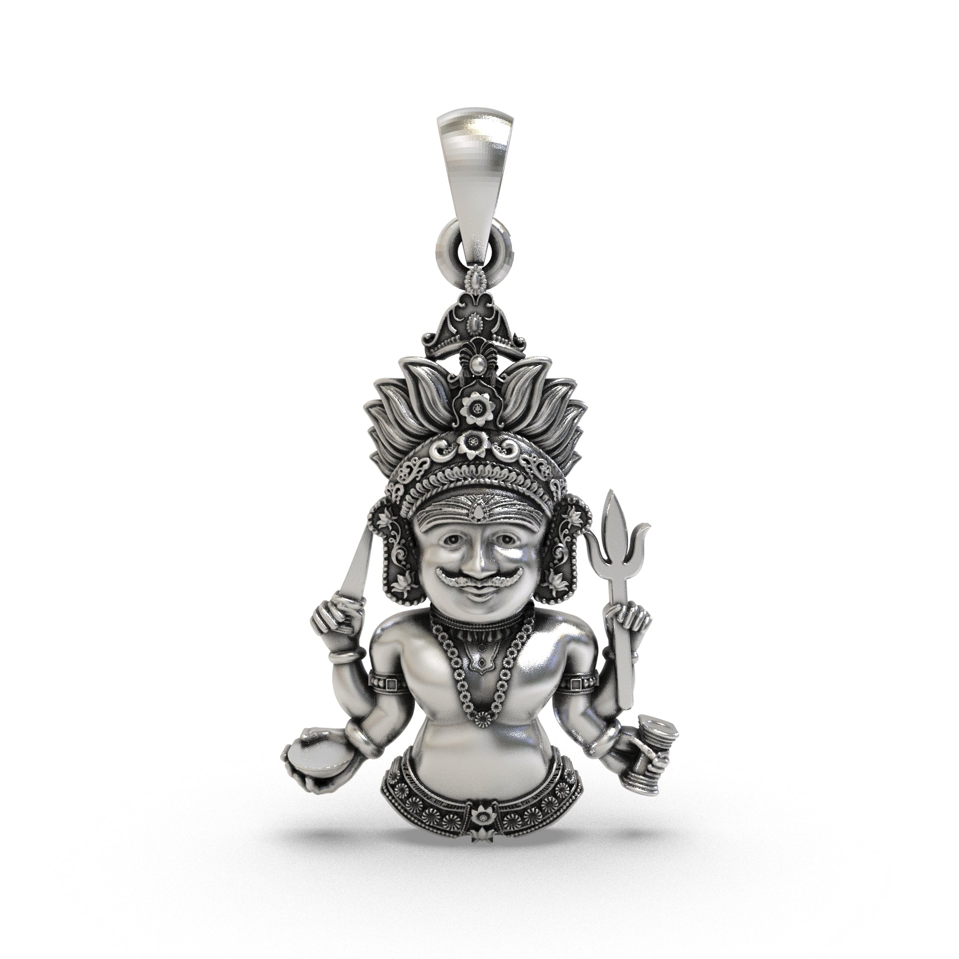 Modern styling of premium Nakoda Bhairav silver spiritual amulet on a chain.
