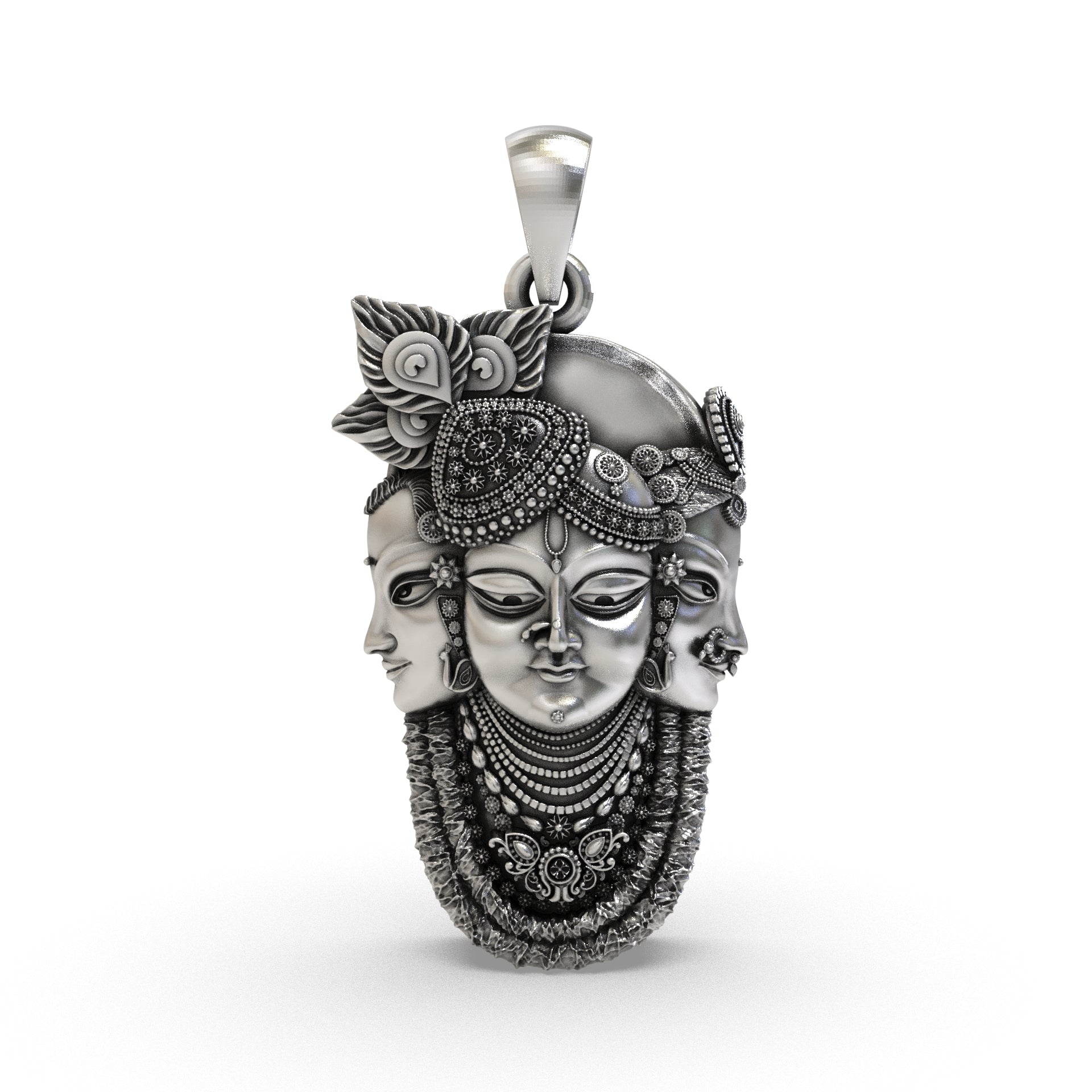 925 Silver Trimukhi Shrinathji Pendant – Three Face Krishna Locket, Antique Oxidized Devotional Silver Jewelry for Men & Women