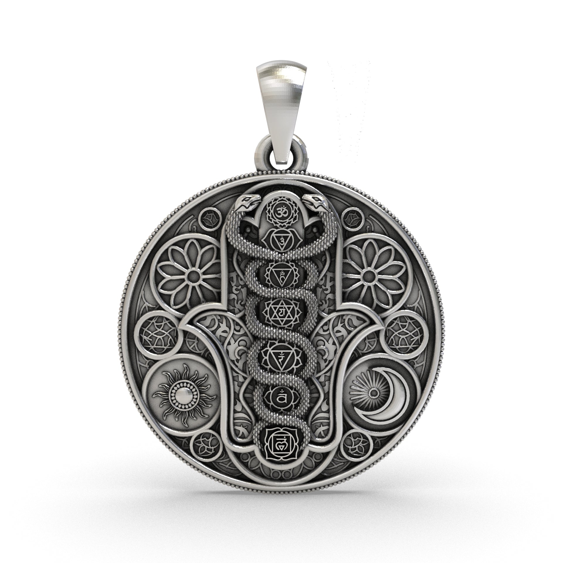 925 silver Hamsa Hand Chakra pendant front view