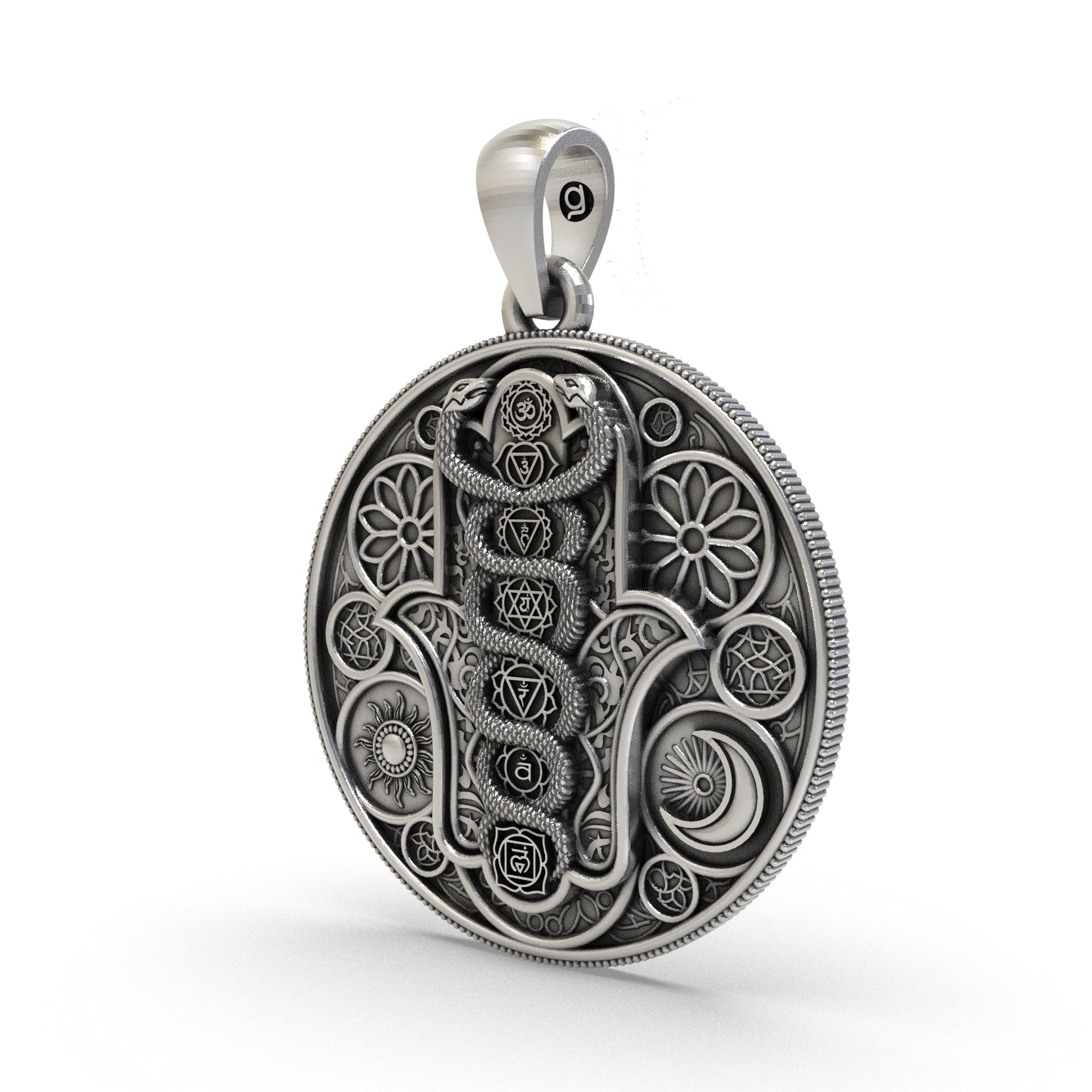 Close-up oxidized 925 silver chakra pendant detailing