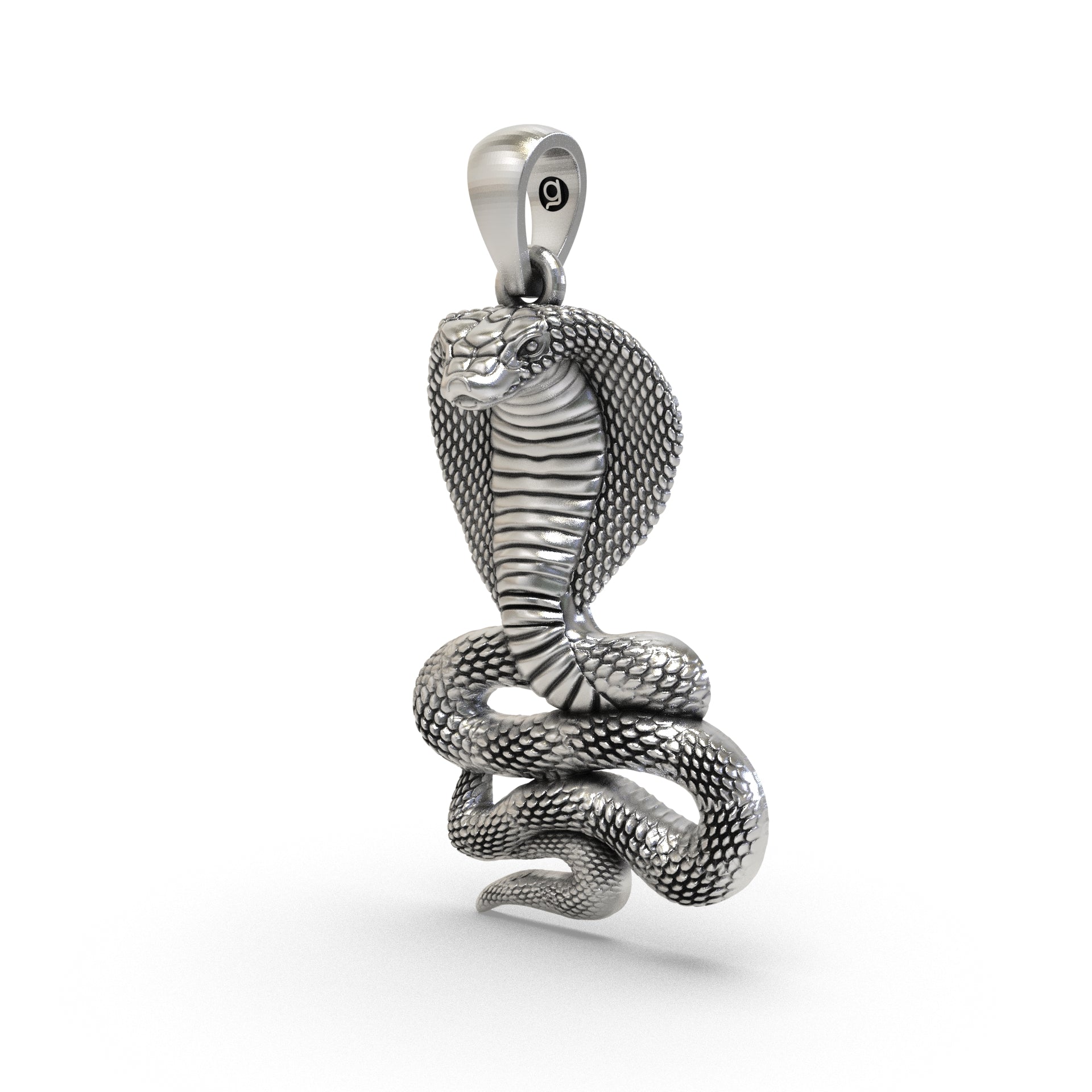 Close-up oxidized serpent pendant detailing