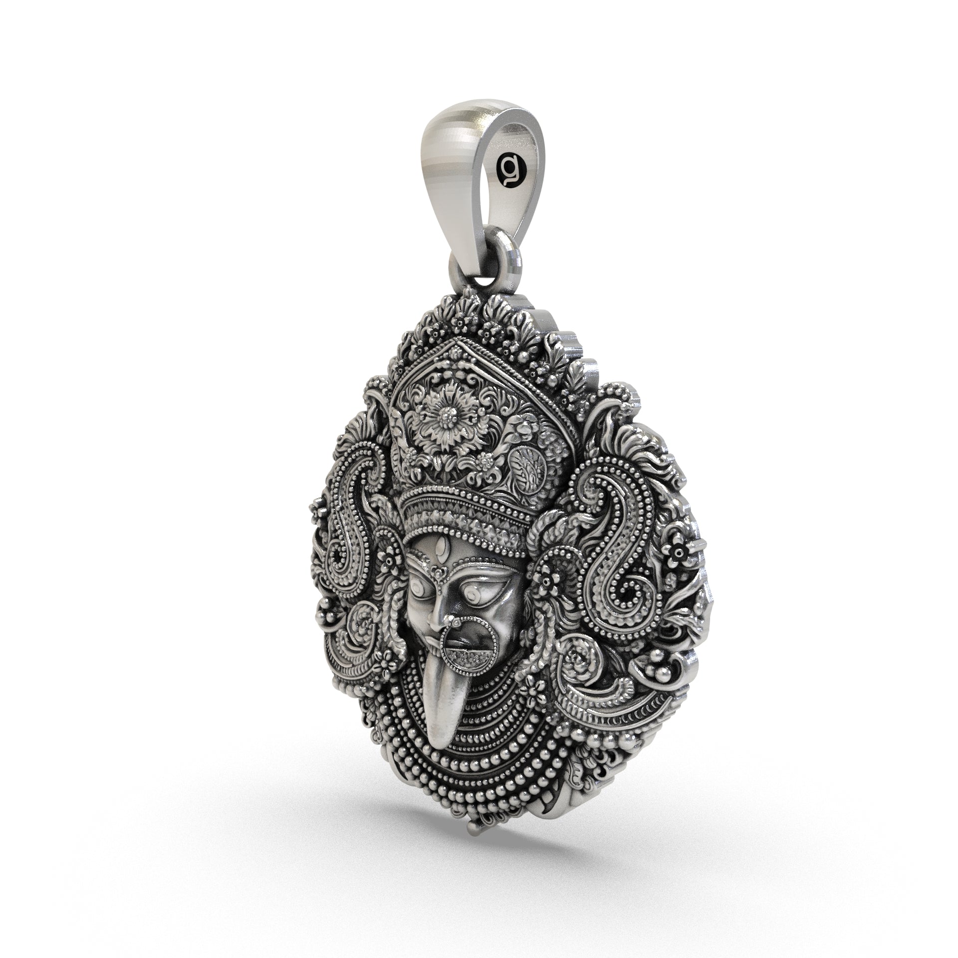Close-up Kali Mata silver pendant detailing