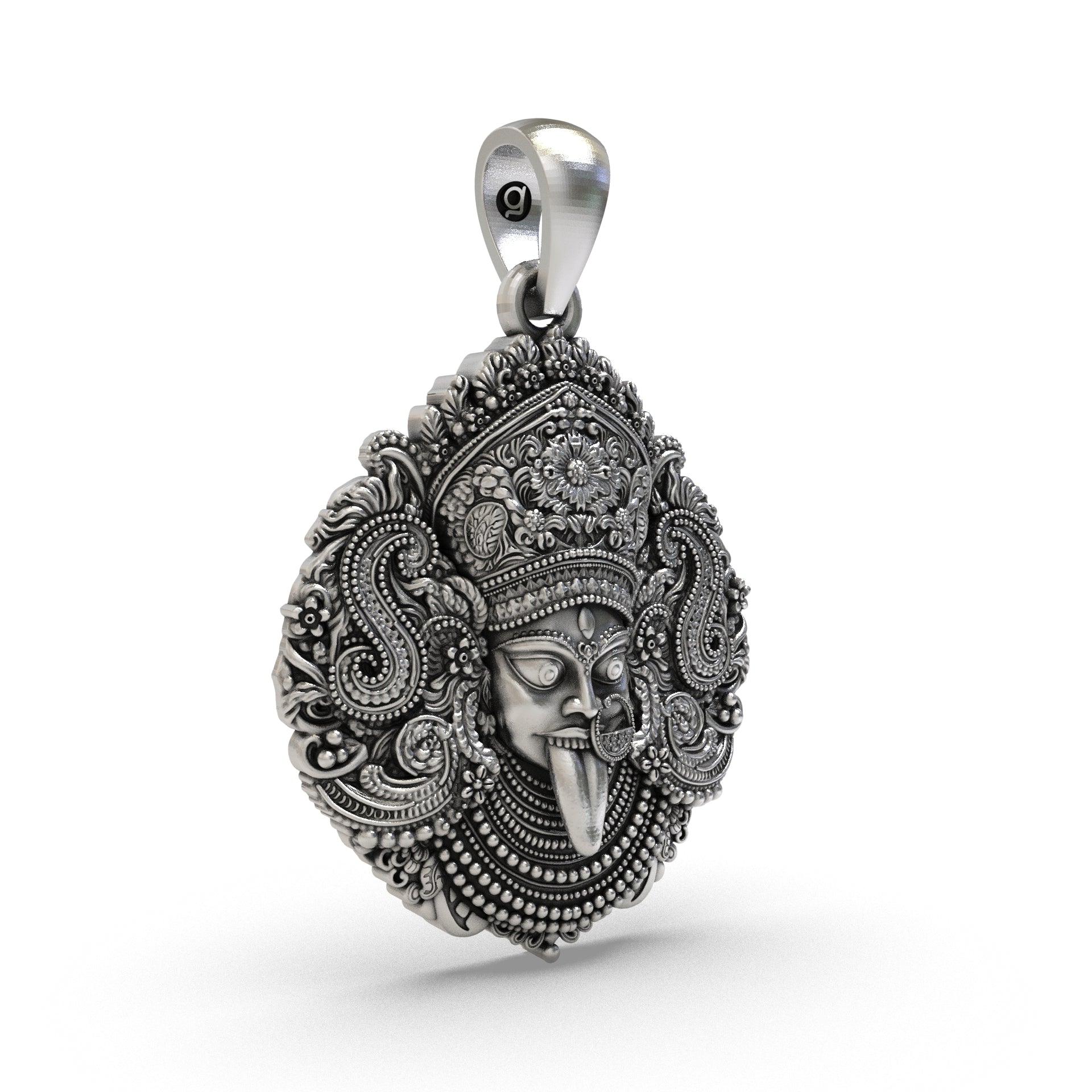 Handcrafted 925 silver Kali pendant angle view