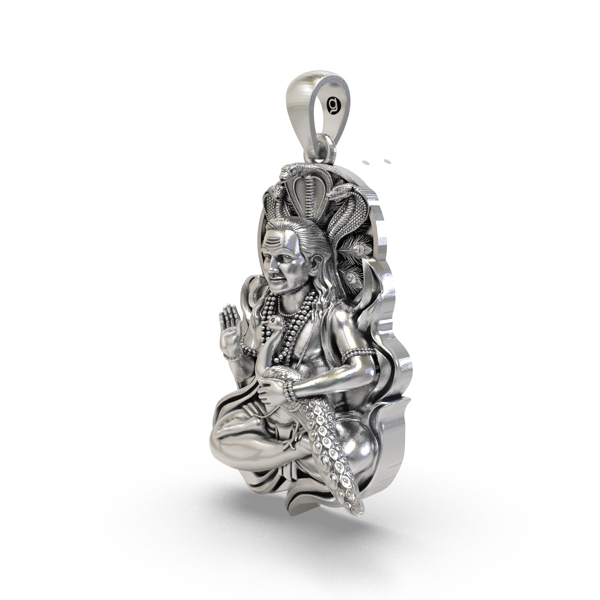 Close-up Murugan silver pendant detailing with peacock