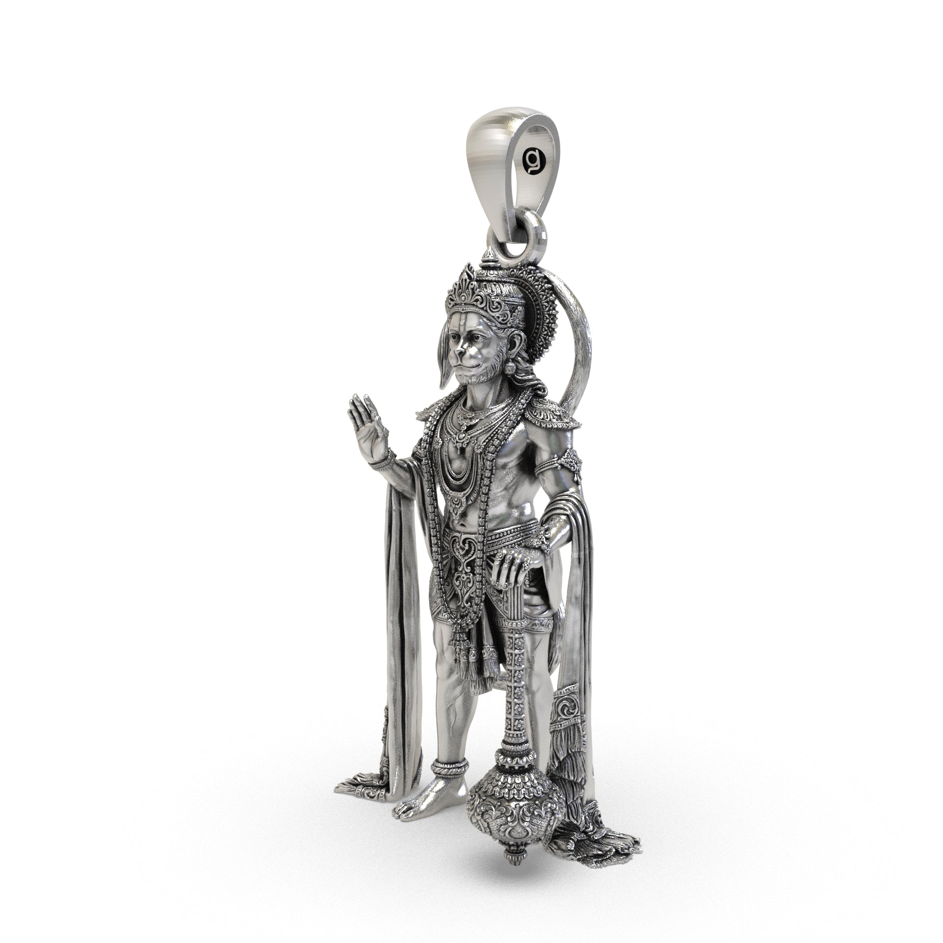 Close-up 3D Hanuman pendant silver detailing