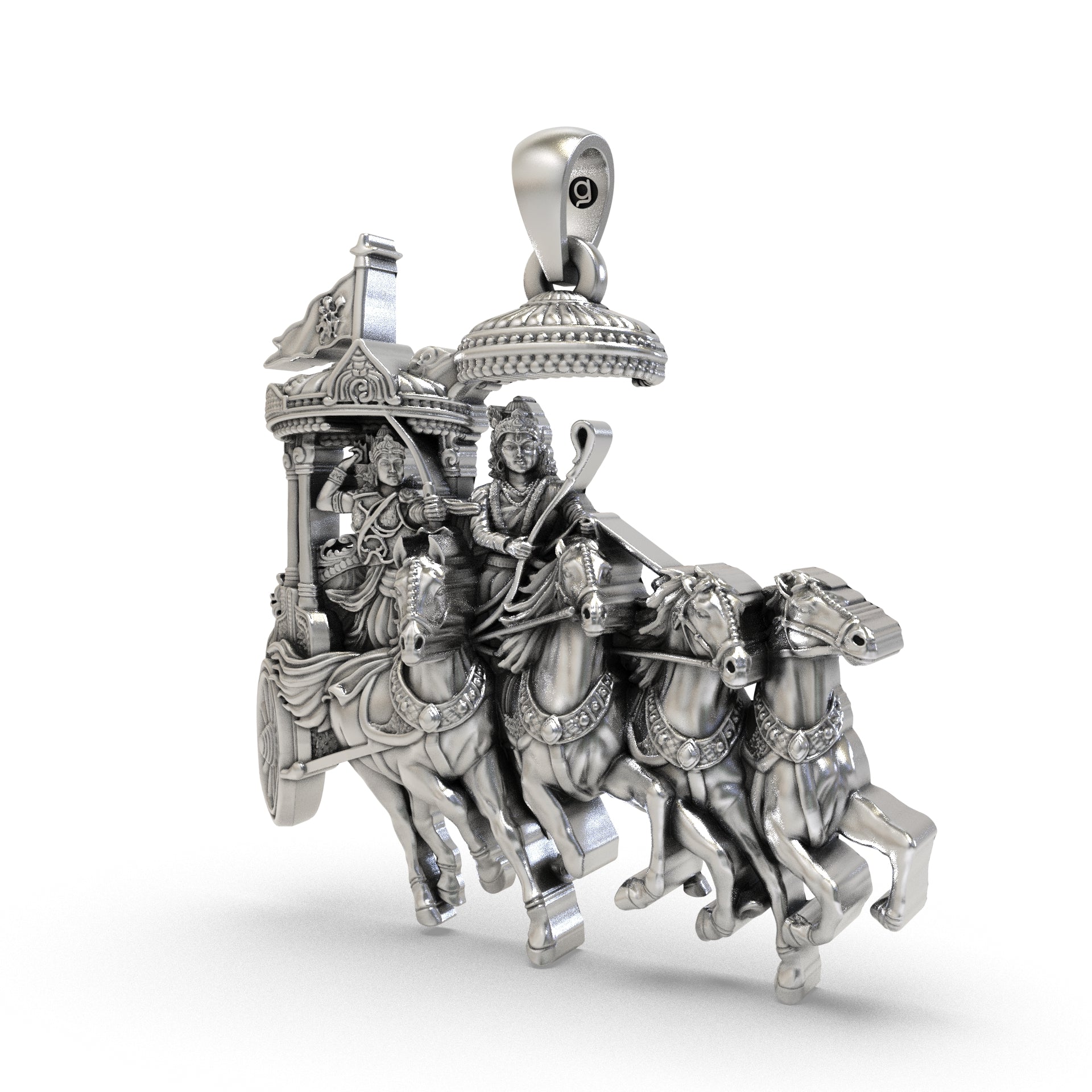 Close-up Mahabharata silver pendant detailing