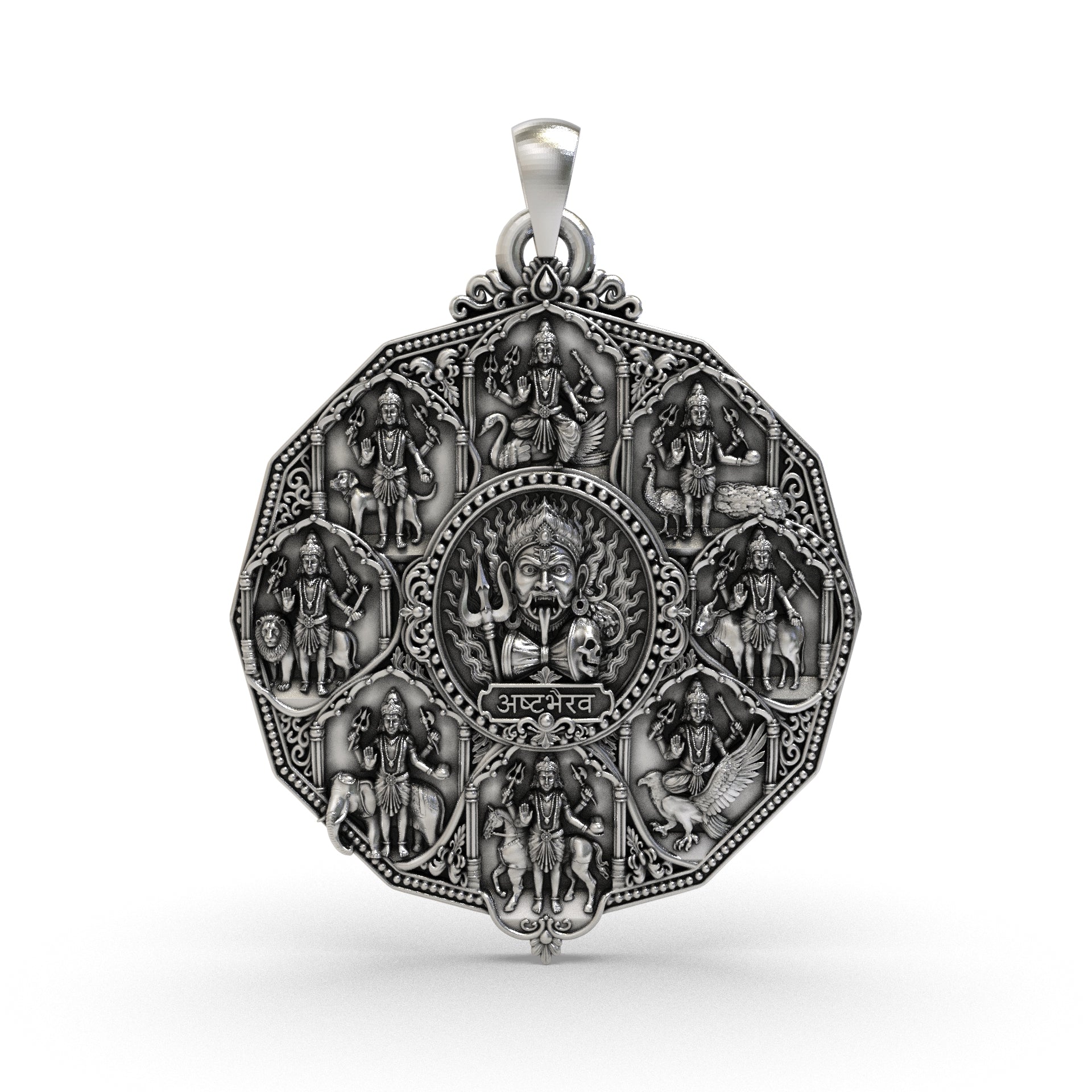 Front view of an Ashta Bhairav 925 sterling silver pendant with an antique oxidized finish, detailed eight-form deity design, and Hindu temple locket style for puja or devotional wear.