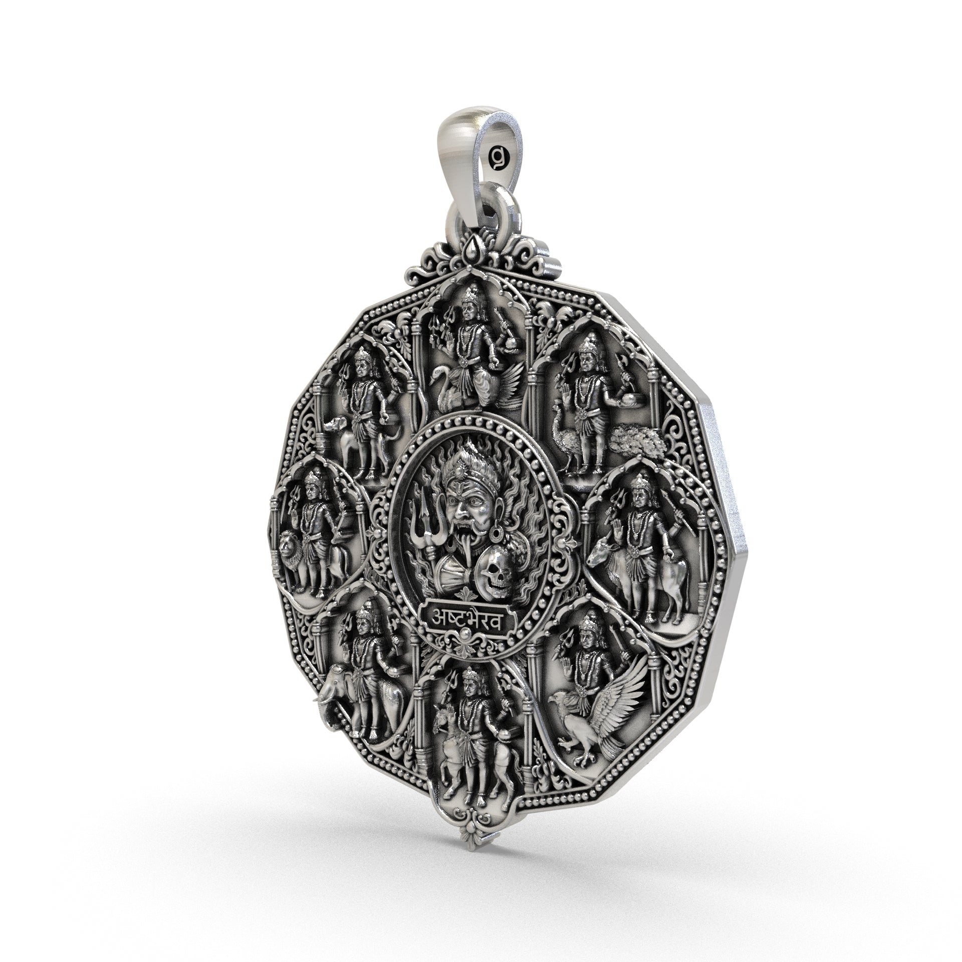 Close-up of the Ashta Bhairav deity details on a 925 sterling silver pendant with antique oxidized finishing, created in a traditional temple-art style for meditation and worship.