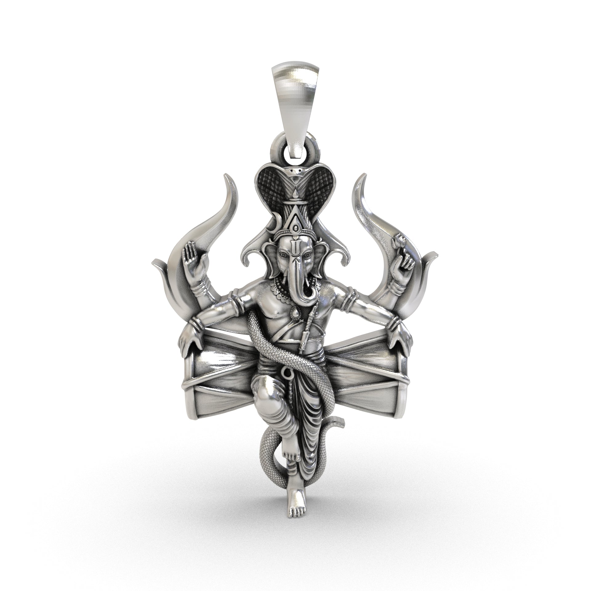 925 sterling silver Dancing Ganesha pendant with Damru, cobra hood and antique oxidized finish
