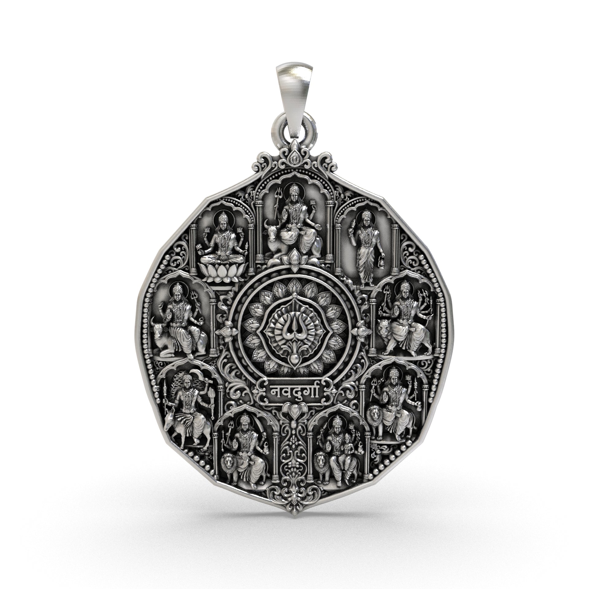 925 silver Navdurga pendant featuring nine forms of Maa Durga and central Trishul Yantra