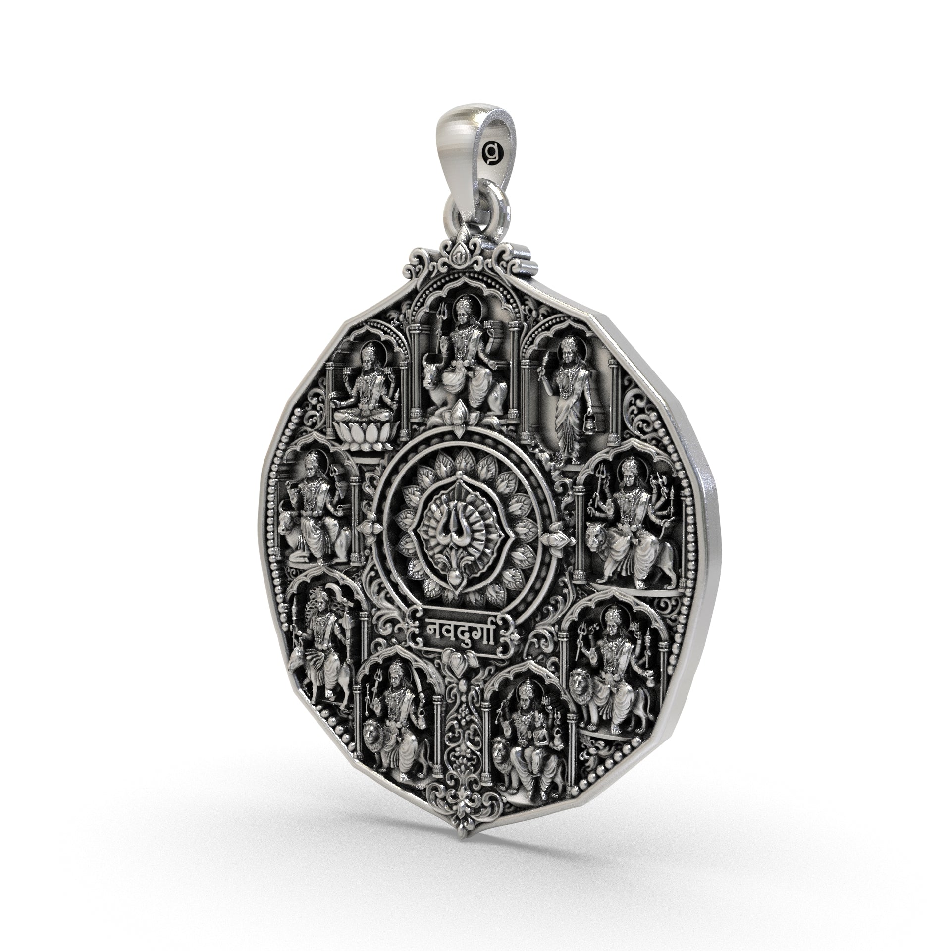 Antique oxidized Nav Durga silver locket with nine goddesses in temple-style frames