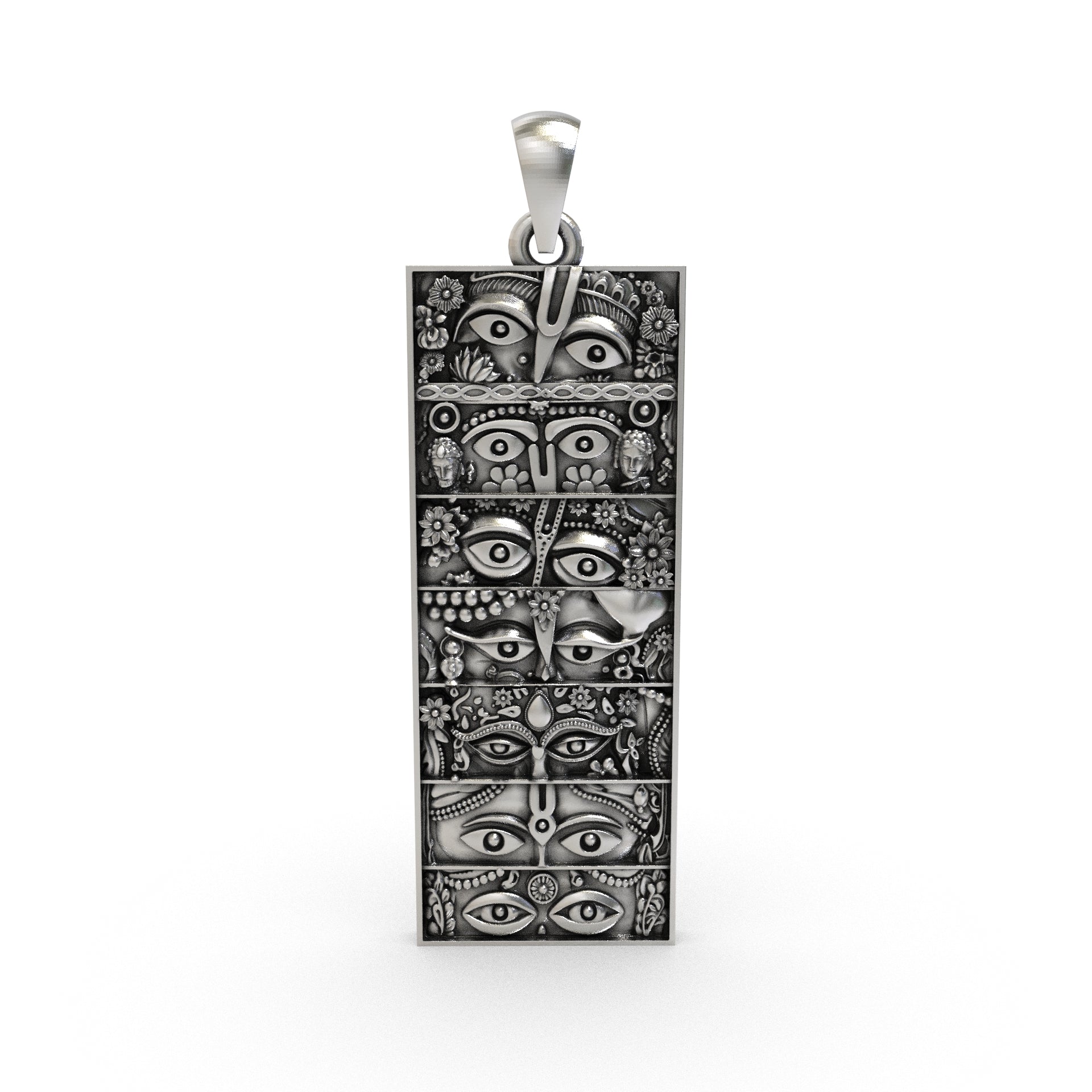 925 silver Seven Forms of Krishna pendant featuring sacred divine eyes and antique oxidized details