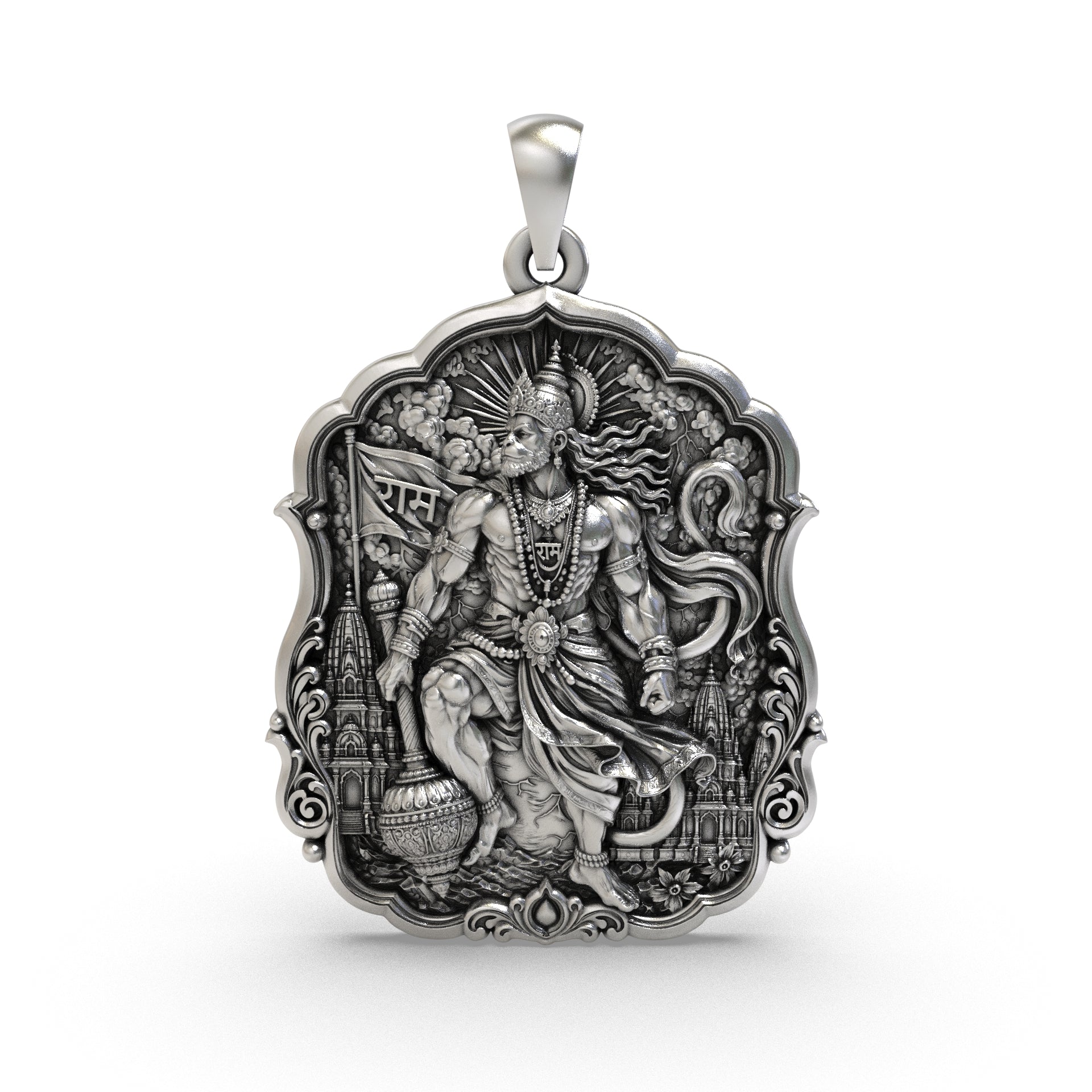 925 silver Veer Hanuman pendant featuring Shri Ram Dhwaja, Gada and antique oxidized finish