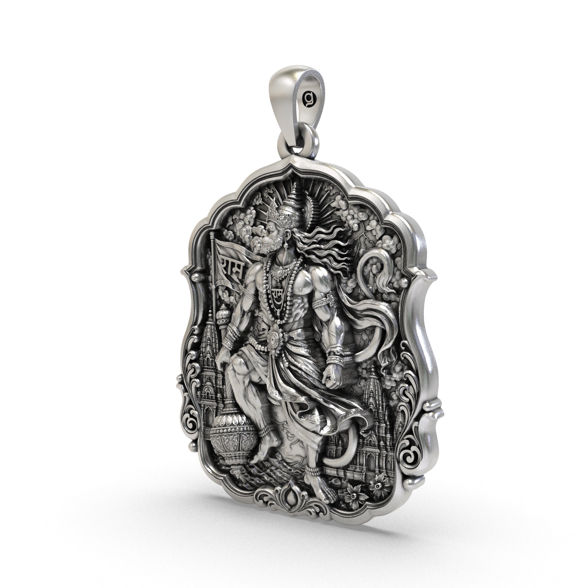 Bajrangbali silver locket holding a Ram flag with detailed temple architecture in the background