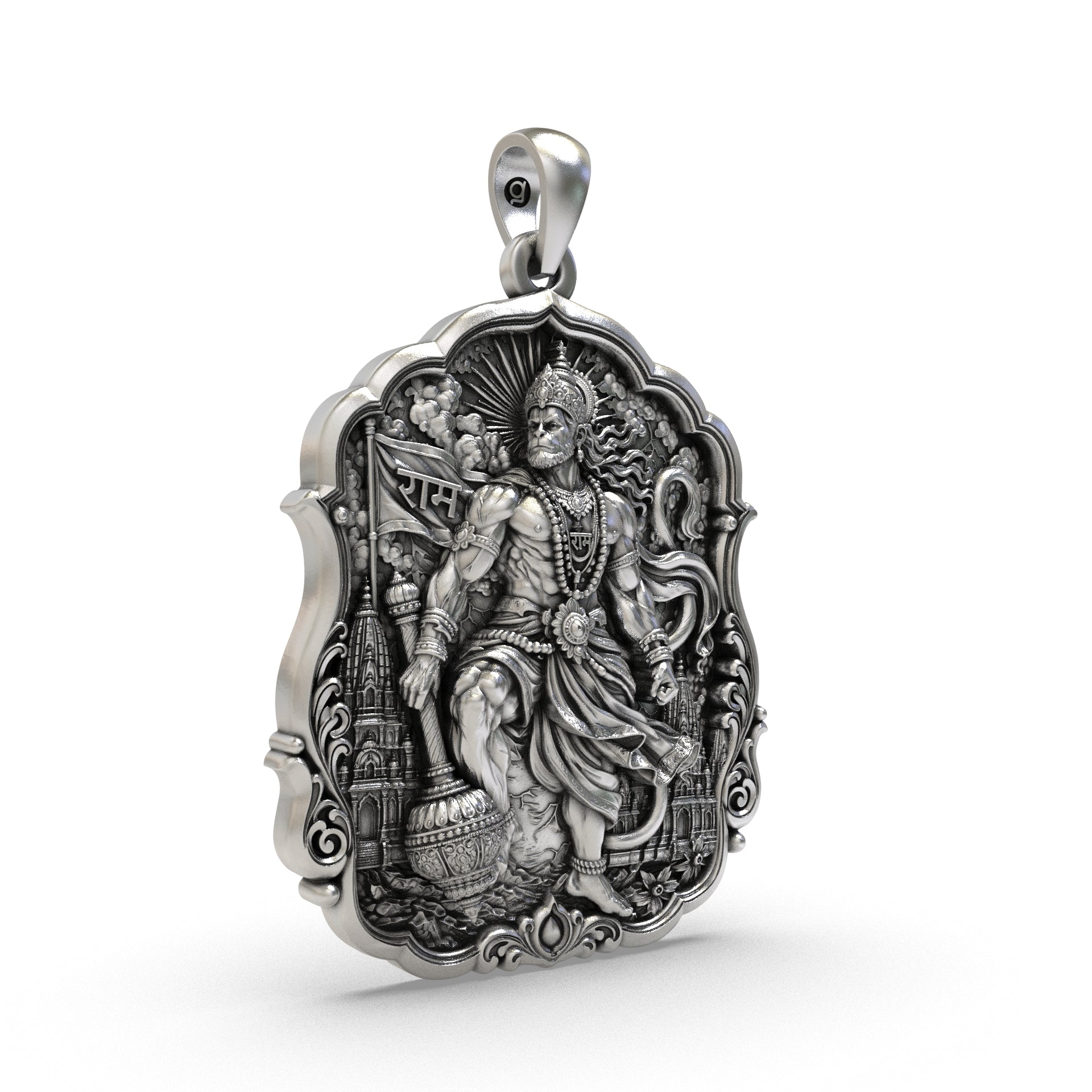 Handcrafted sterling silver Hanuman Ji necklace pendant with Ram Naam and sacred Gada