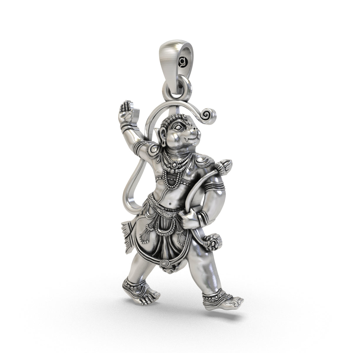 Detailed Veer Hanuman 925 silver devotional pendant close-up