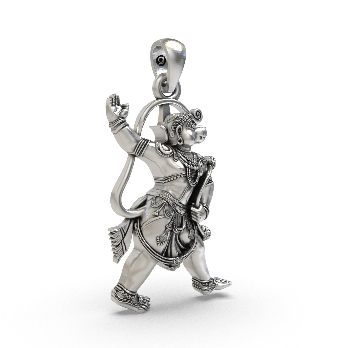 Oxidized 925 silver Hanuman pendant craftsmanship angle view