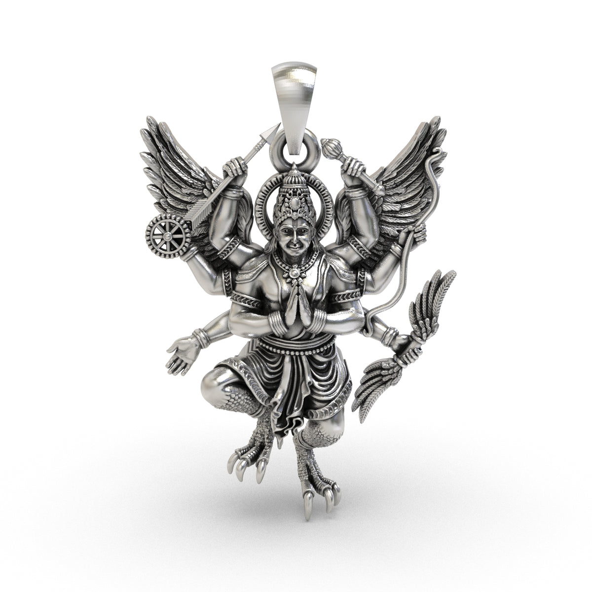 Angled view of six-armed Garuda silver pendant showing layered wings and ornate details