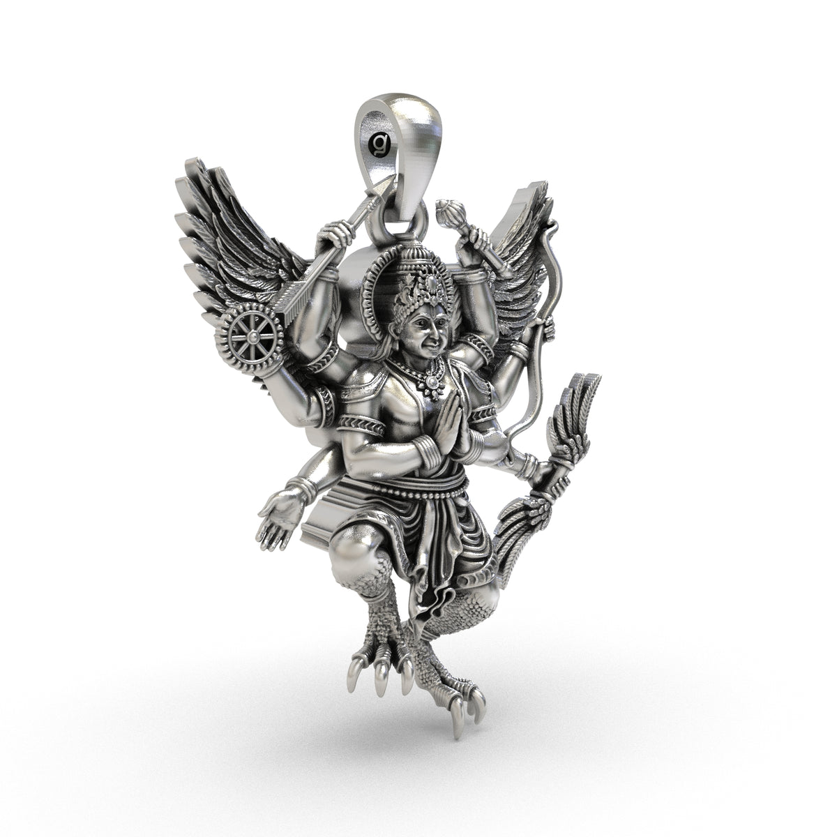 Close-up of sculpted feather detailing on the oxidized silver Garuda pendant