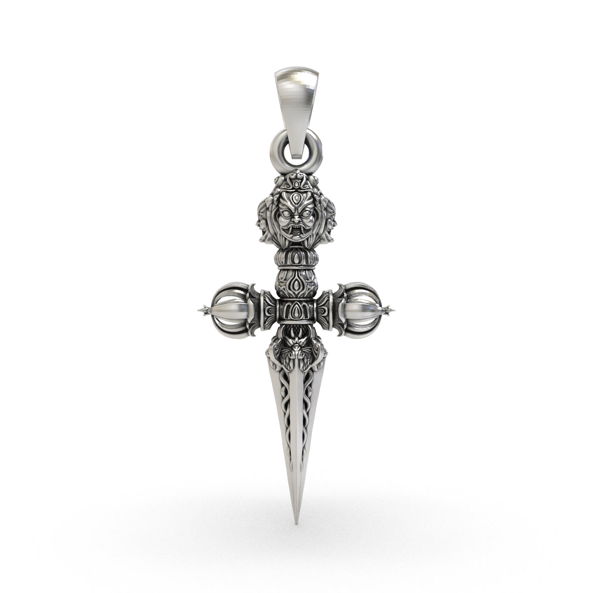 Side view of solid Phurba Vajra silver pendant showing its three-dimensional construction