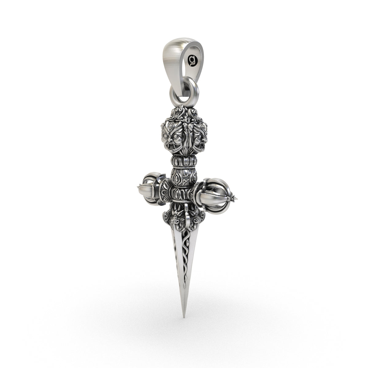 Back of Phurba Vajra pendant showing solid silver construction and ornamental detailing
