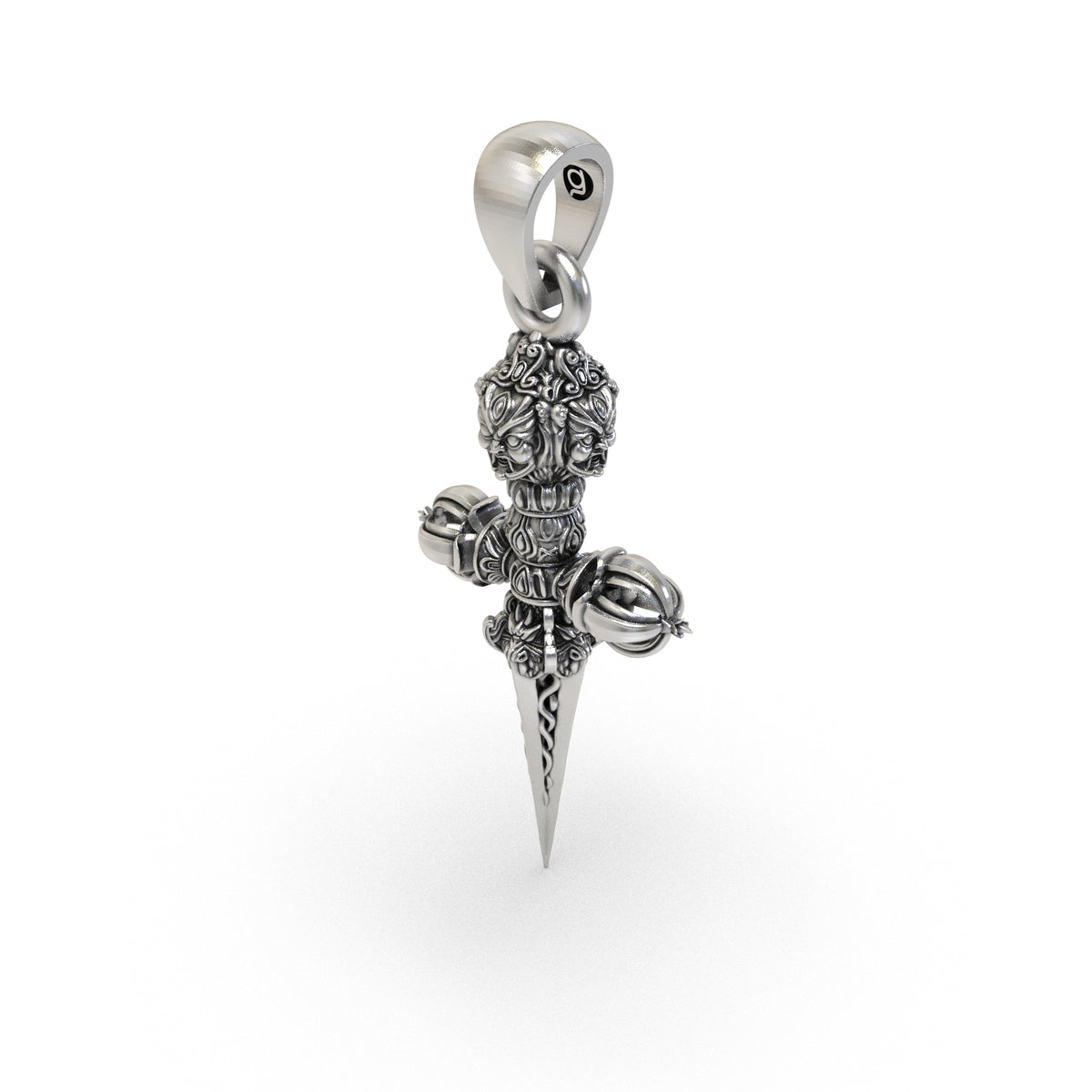 Close-up of double-ended horizontal Vajra with rounded prongs and decorative silver bands