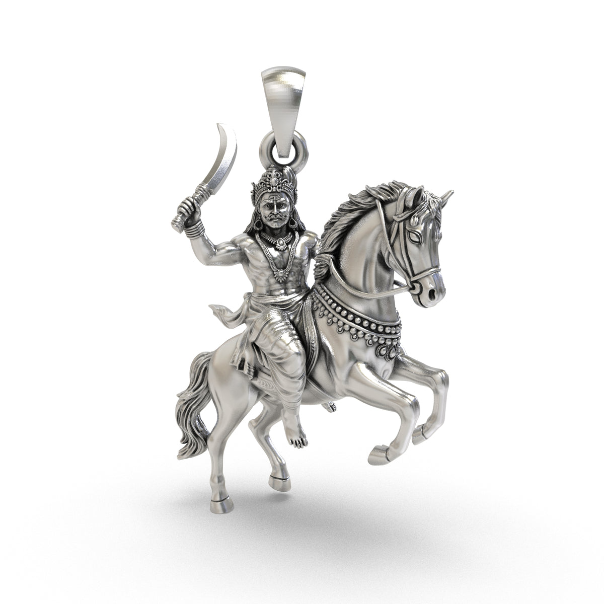 925 sterling silver Karuppasamy horse riding pendant with raised curved aruval and ornate rearing horse