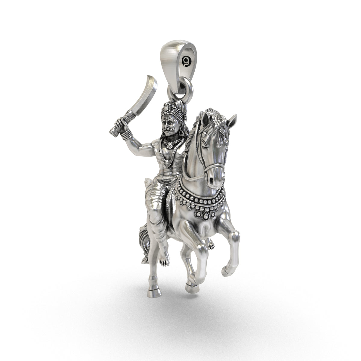 Three-quarter front view of Karuppu Swamy riding a horse showing the deity's ornate crown curved weapon and detailed horse bridle.