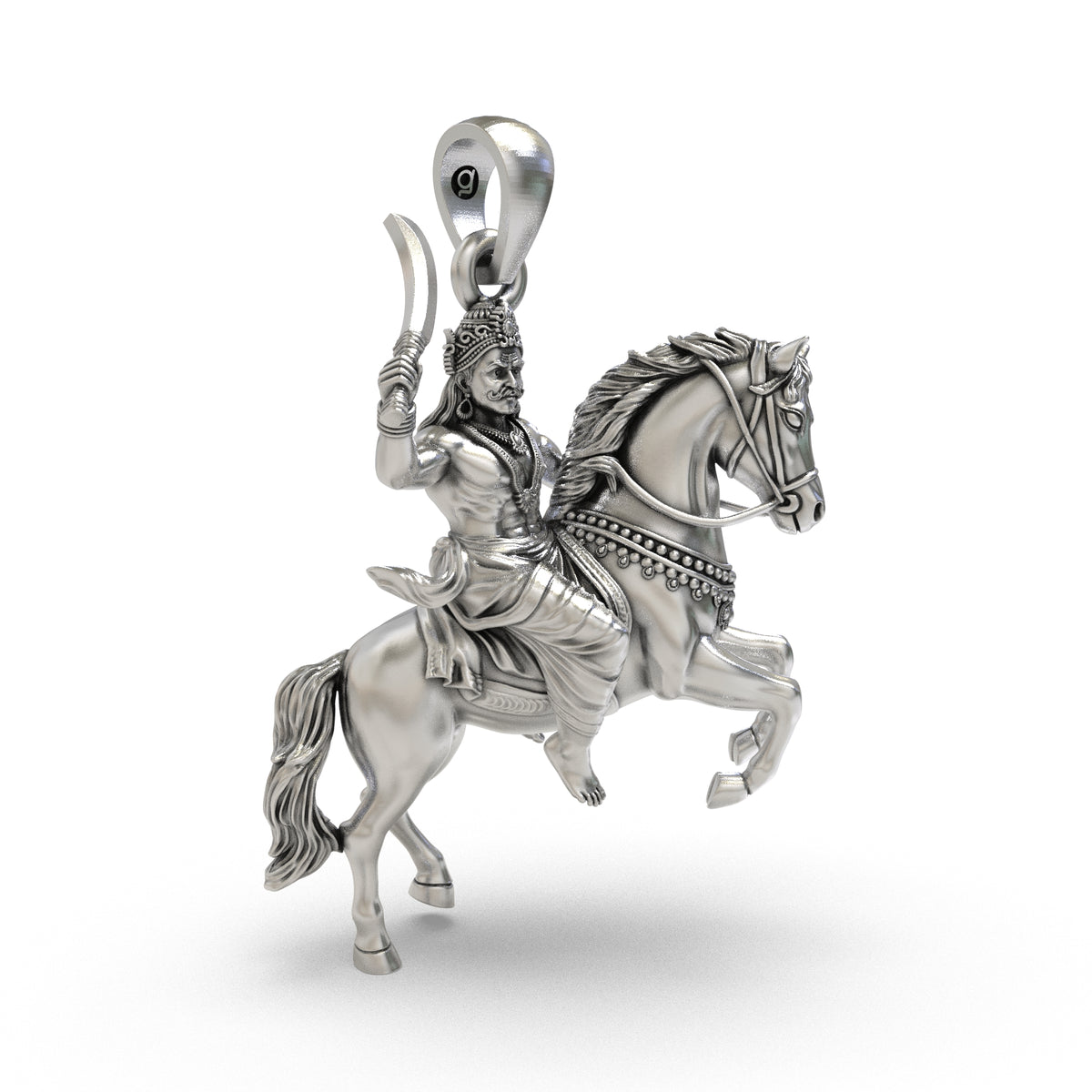 Side profile of the solid silver Karuppasamy pendant with flowing horse mane raised legs and detailed traditional clothing.