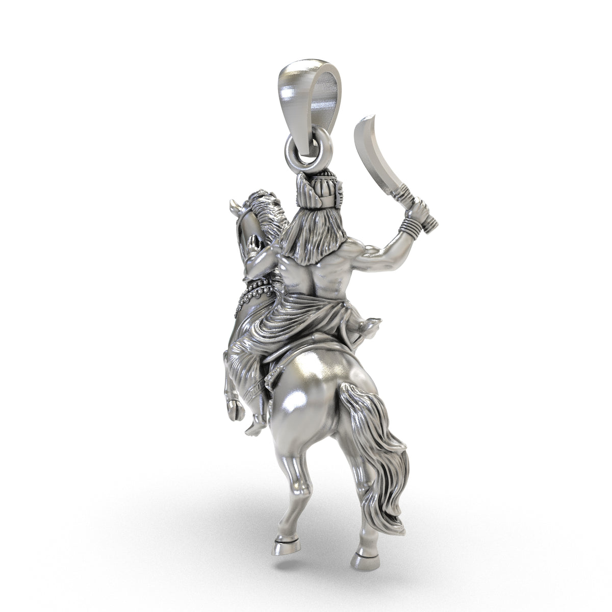 Back view of the Karuppasamy horse riding pendant showing the deity's sculpted back