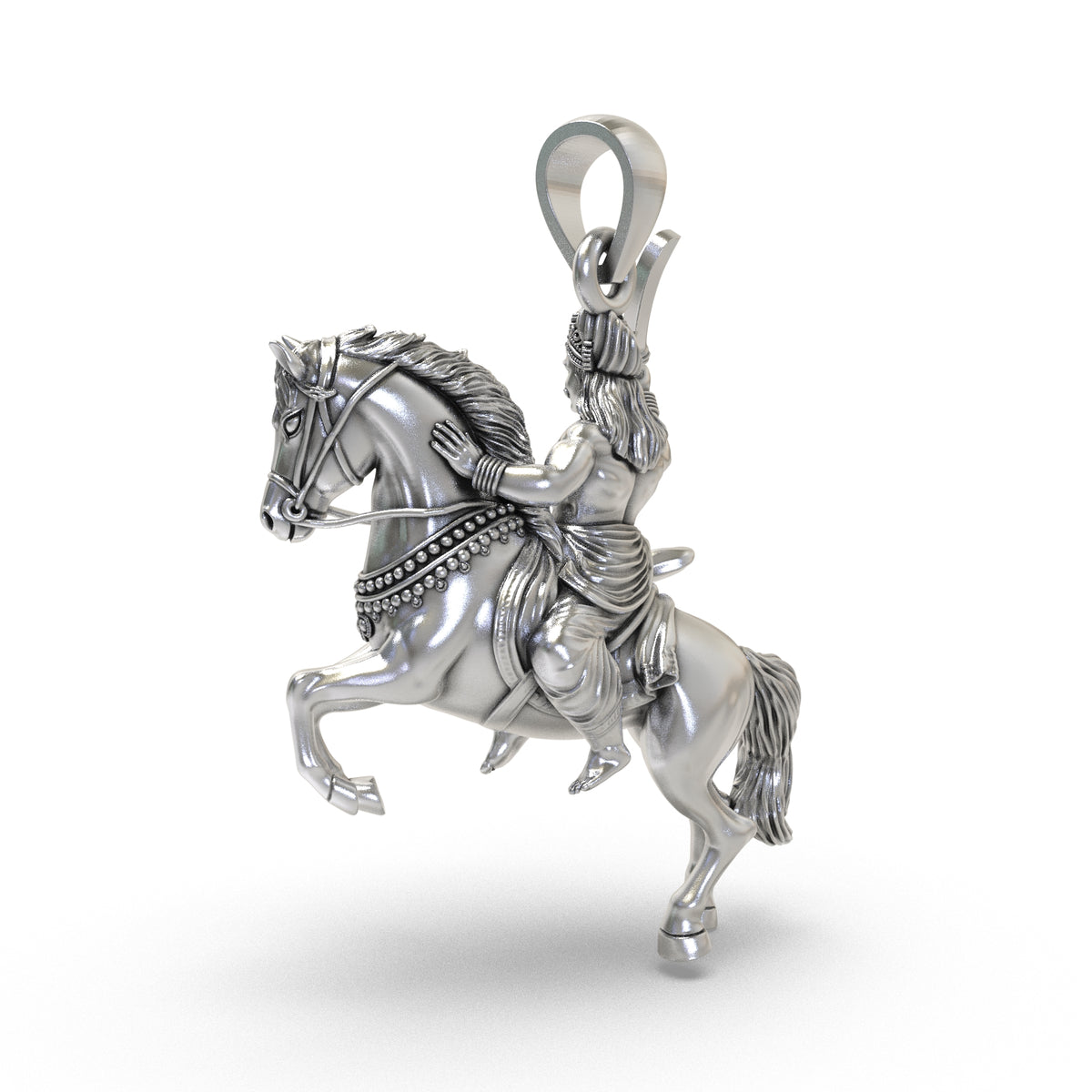 Rear three-quarter angle of the solid Karuppasamy silver pendant with the horse's mane