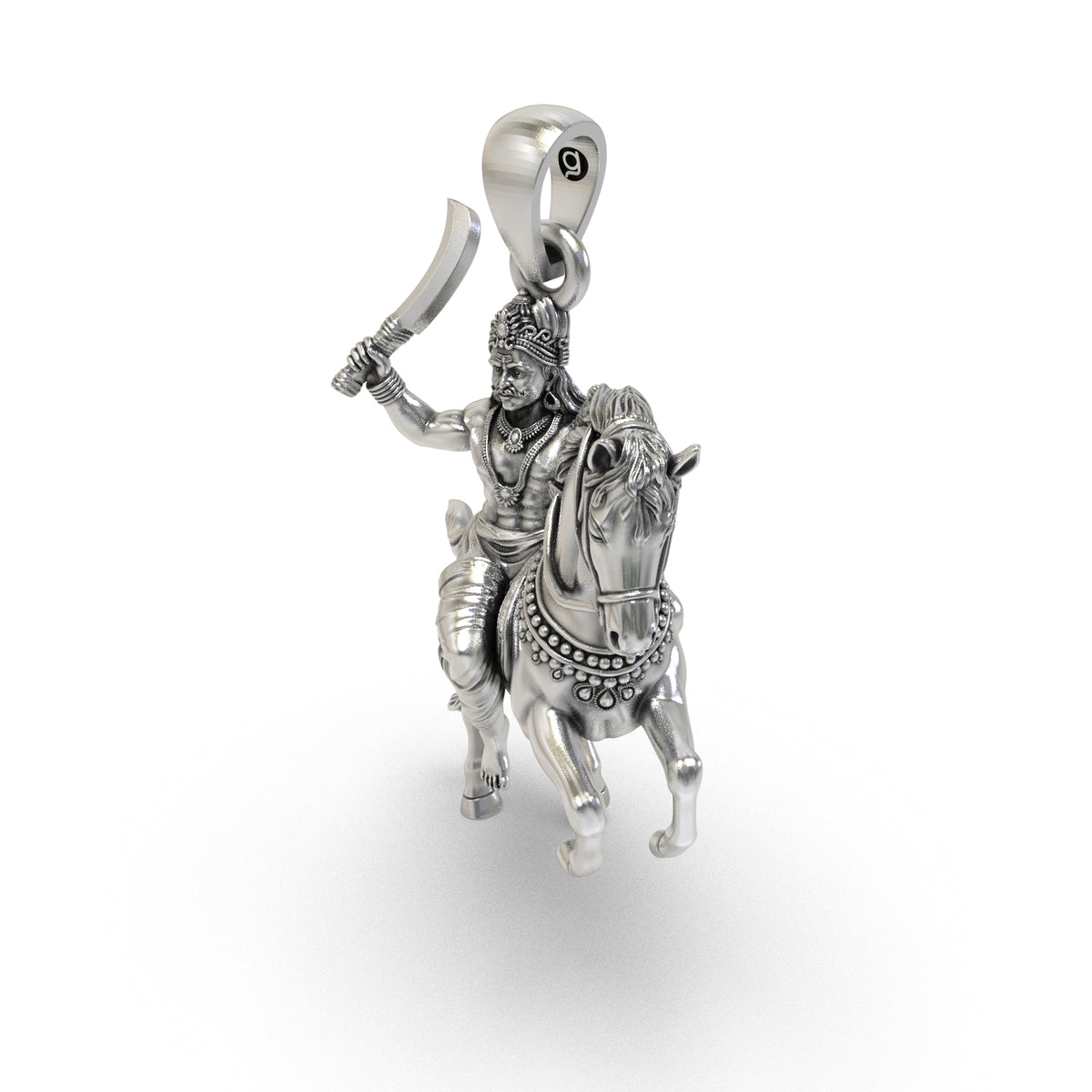 Detailed front angle of Karuppasamy on a rearing horse in oxidized silver