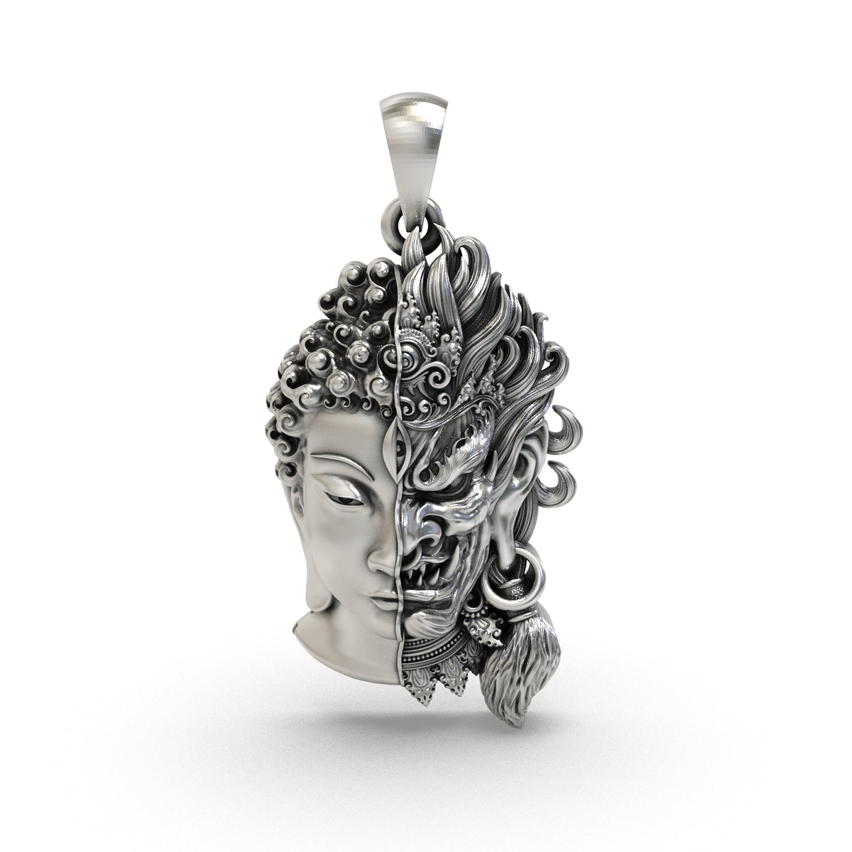 Angled view showing the depth and sculpted contours of the dual-face silver pendant