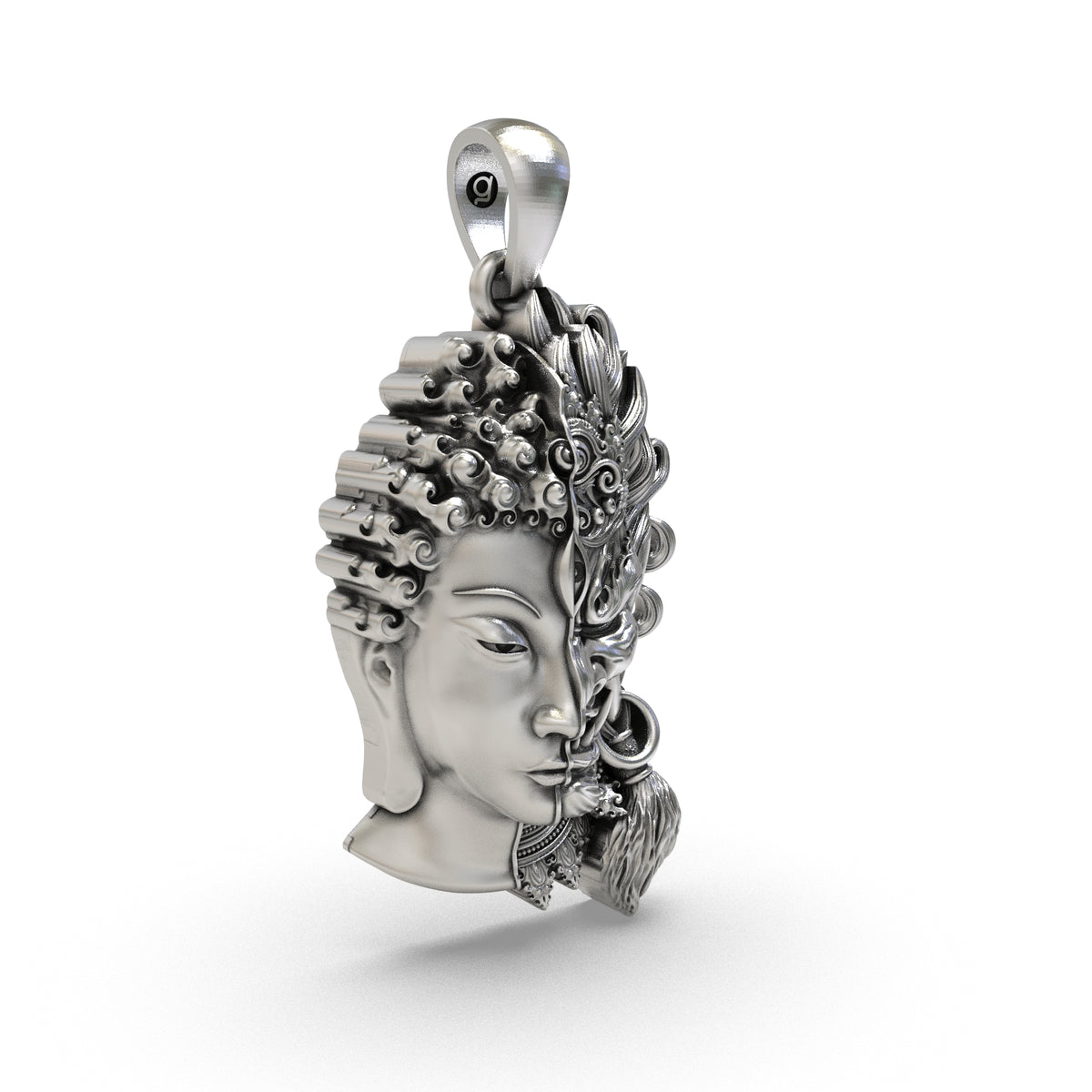 Back view of the Buddha Mara pendant showing hollow jali construction