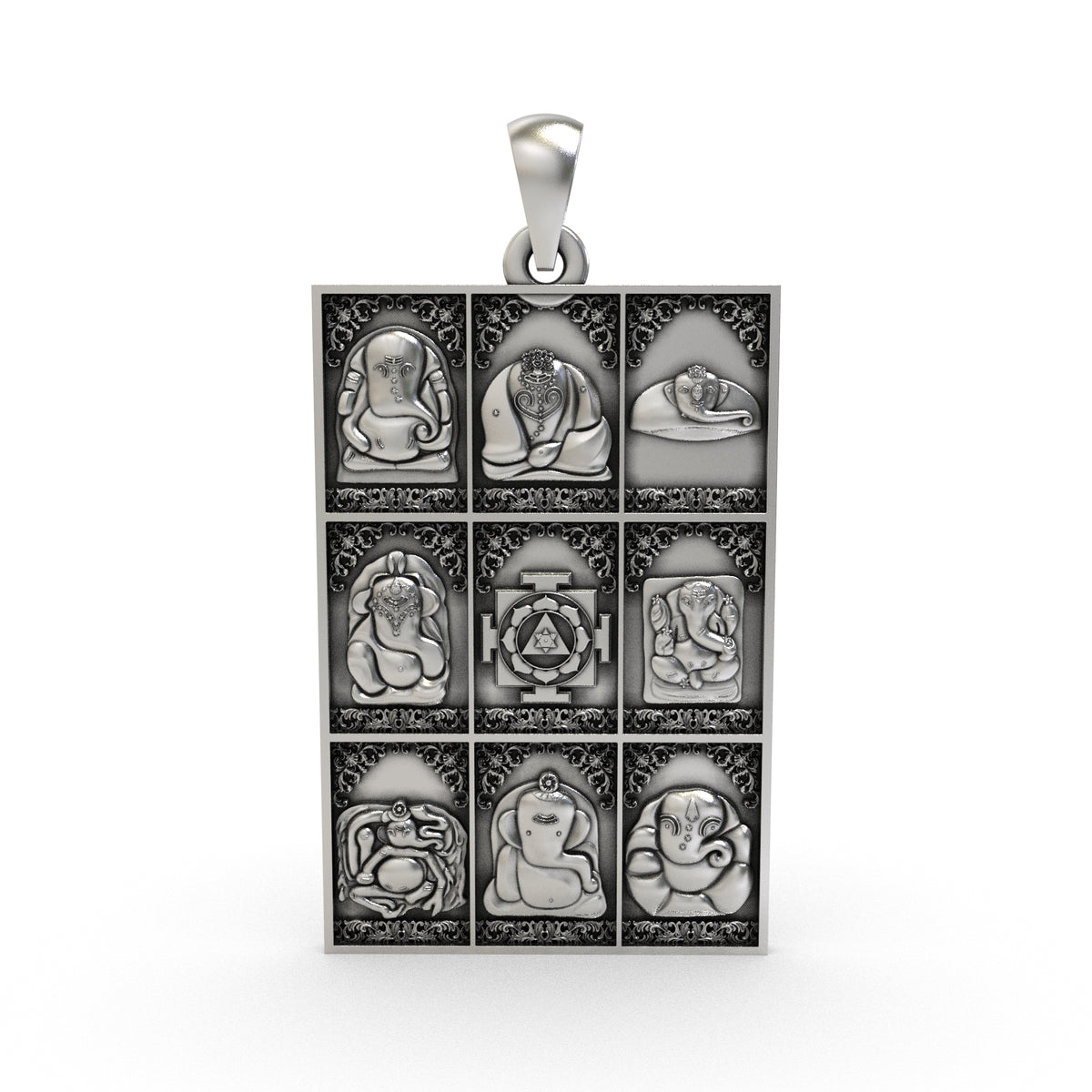Angled view of Ashtavinayak silver pendant showing raised Ganesha reliefs