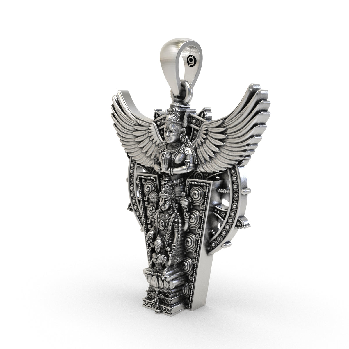 Close-up of Garuda with folded hands and detailed feathered wings on silver pendant